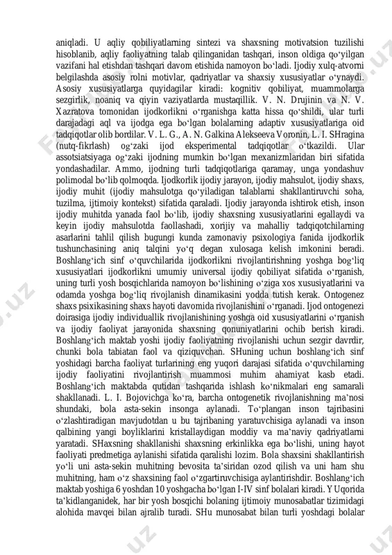 nson o‘zini- o‘zi shunday qilishi kerak, lekin birovning retseptlariga ko‘ra emas, balki o‘z savollari va o‘z faoliyati asosida. ijod rivojida barcha ichki va tashqi omillar o‘zaro bog‘liq bo‘lganligi uchun alohida masalalarni butundan ajralgan holda shakllantirish va ko‘rib chiqish mumkin emas. ijodning yana bir ko‘rinishi uning paydo bo‘lish vaqtiga ko‘ra ijodning so‘nggi tushunchalaridan birida keltirilgan. bu r. stenberg va d. lavert tomonidan taklif etilgan "investitsiya nazariyasi" deb ataladi. bu mualliflar bunday insonni "g‘oyalarni arzon narxda sotib olib, yuqori narxda sotishga" intilgan va qodir ijodkor deb hisoblaydilar. ya’ni ijodkorning vazifasi g‘oyalarning rivojlanish salohiyati va ularning mumkin bo‘lgan talabini to‘g‘ri baholashdan iborat. ijod, stenberg nuqtai nazaridan, oqilona xavf olish qobiliyati, to‘siqlarni bartaraf etishga tayyorligi, ichki motivatsiya, noaniqlikka bardoshlik, boshqalarning fikriga qarshi turishga tayyorligi. ularsiz ijodni namoyon qilish mumkin emasligini hisobga olib, ijodiy muhitga katta ahamiyat beradilar. ijod sohasida tadqiqot natijalarini sarhisob, f. barron va d. harrington ijod haqida ma’lum nima quyidagi umumlashma qildi: …