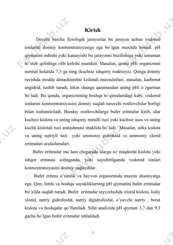r eritmaga kislota qo’shilsa, quyidagicha reaksiya boradi: yoki ionli ko’rinishda agar kuchli ishqor qo’shilsa, quyidagicha reaksiya boradi: yoki ionli ko’rinishda birinchi holda, kuchli kislota o’rniga kuchsiz kislota sirka kislota, ikkinchi holda esa sirka kislotaning н+ kationi ishqorning он- anionini bog’lab dissocilanmaydigan н2о molekulasini hosil qiladi. shuningdek, ammiakli bufer eritmalarning bufer ta`sirini quyidagi reakciyalar yordamida tushuntirish mumkin. bufer eritmaga kuchli kislota, masalan, hcl ta`sir ettirilsa, suv va tuz hosil bo’ladi. yoki ionli ko’rinishda bufer eritmaga kuchli ishqor, masalan, naoh ta`sir ettirilsa, kuchsiz asos va tuz hosil bo’ladi. yoki ionli ko’rinishda ayrim moddalarning bufer eritmalari modda ph 0,05m kaliy tetraoksalat digidrat eritmasi (kh3c4h4o8∙2h2o; m.m. 254,19) 1,679 (25 °c) kaliy gidrotartratning to’yingan eritmasi (≈ 0,025m) (khc4h4o6; m.m. 188,178) 3,567 (25 °c) 0,05m kaliy digidrotsitrat (kh2c6h5o7; m.m. 230,215) 3,776 (25 °c) 0,05m kaliy gidroftalat eritmasi (khc8h4o4; m.m. 204,223) 4,008 (25 °c) piperazin fosfatning to’yingan eritmasi( (≈ 0,065m) (c4h12n2hpo4∙h2o; m.m. 202,147) 6,36 (16 °c); 6,34 …