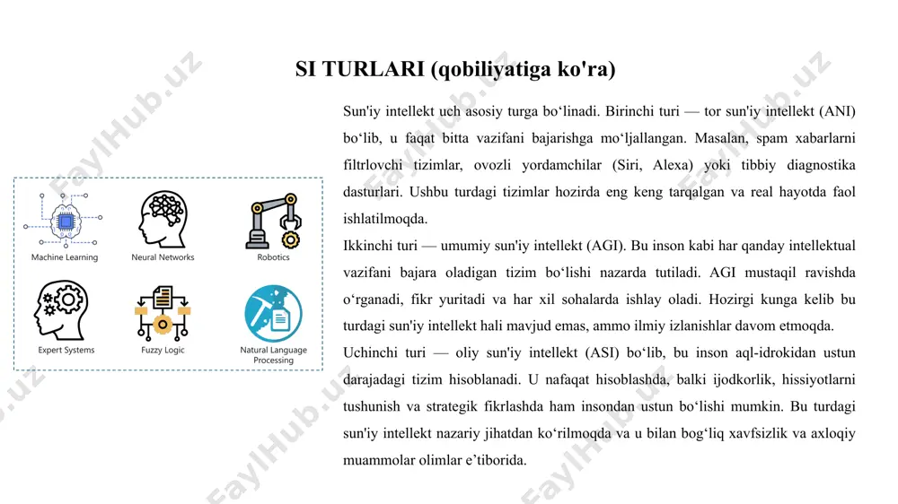 — inson tilini tushunish, tahlil qilish va unga javob berish imkonini beradi. masalan, ovozli yordamchilar, avtomatik tarjimonlar yoki chatbotlar aynan nlp texnologiyasi asosida ishlaydi. kompyuter ko‘rishi (cv) — bu sun'iy intellekt tizimlariga tasvir va videolarni ko‘rish, tushunish va tahlil qilish imkonini beradi. masalan, yuzni aniqlash, raqamli tibbiy tasvirlarni o‘rganish yoki xavfsizlik tizimlarida qo‘llaniladi. bu tarmoqlar si imkoniyatlarini ancha kengaytiradi va turli sohalarda muvaffaqiyatli tatbiq qilinmoqda. si texnologiyalarining qo'llanilishi sun'iy intellekt bugungi kunda ko‘plab sohalarda muvaffaqiyatli qo‘llanilmoqda. sanoatda si ishlab chiqarish jarayonlarini avtomatlashtirishga, uskunalar ishlashini nazorat qilishga va mahsulot sifatini oshirishga yordam bermoqda. bu esa mehnat samaradorligini va xavfsizlik darajasini oshiradi. tibbiyotda si bemorlarni aniqlik bilan tashxislash, kasalliklarni erta bosqichda aniqlash va ularning sog‘ligini doimiy monitoring qilish imkonini beradi. masalan, tibbiy tasvirlarni tahlil qilishda sun'iy intellekt tezlik va aniqlik bilan ishlaydi. transport sohasida esa si o‘z-o‘zini boshqaradigan avtomobillarni yaratishda asosiy rol o‘ynaydi. shuningdek, logistika tizimlarida yuklarni samarali rejalashtirish, yetkazib berish vaqtlarini …