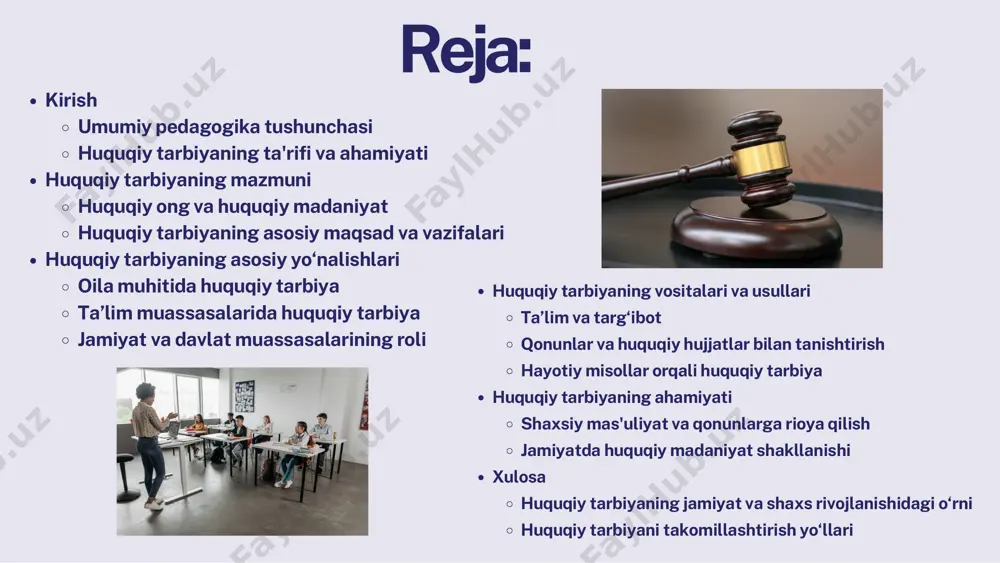 a o‘qituvchilar, ota-onalar, huquqshunoslar va ommaviy axborot vositalari muhim rol o‘ynaydi. huquqiy tarbiyaning mazmuni huquqiy tarbiya – bu shaxsning huquqiy bilimlarini rivojlantirish, unga qonunlarga rioya qilish zarurligini tushuntirish va huquqbuzarlikning oldini olishga qaratilgan tarbiyaviy jarayon. ushbu jarayon insonning huquq va majburiyatlarini to‘g‘ri tushunishiga, huquqiy madaniyatni shakllantirishga va jamiyatda mas’uliyatli fuqarolik pozitsiyasini egallashiga yordam beradi. huquqiy tarbiya quyidagi asosiy tarkibiy qismlarni o‘z ichiga oladi: huquqiy ong va huquqiy madaniyatni shakllantirish huquqiy bilimlarni rivojlantirish huquqiy xabardorlikni oshirish huquqbuzarliklarning oldini olish jamiyatda qonun ustuvorligini ta’minlash huquqiy ong va huquqiy madaniyat huquqiy ong – bu insonning jamiyatdagi huquq va majburiyatlari, qonunlar va ularning ahamiyati haqidagi bilim va tushunchalari majmuasi. huquqiy ong rivojlangan jamiyatda har bir fuqaro o‘z huquqlarini bilib, ularni to‘g‘ri himoya qilishni va qonunlarga hurmat bilan qarashni o‘rganadi. huquqiy ong ikki darajada bo‘ladi: oddiy (kundalik) huquqiy ong – insonning qonunlar haqidagi umumiy tushunchasi. ilmiy huquqiy ong – huquqshunoslar va mutaxassislar tomonidan o‘rganiladigan huquqiy …