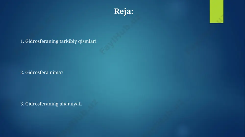 ta 10994 metrga yetib boradi, bu esa yer yuzidagi eng chuqur joy hisoblanadi. okeanlar yer yuzasining taxminan 71% ini, ya'ni 361 million kvadrat kilometr maydonni egallaydi va 1,35 milliard kub kilometr suv saqlaydi, bu esa butun yer suvining 97% dan ortig'ini tashkil qiladi. gidrosferaning ahamiyati jahon okeanining o'ziga xos xususiyatlari, masalan, harorat va tuzlilik gradiyentlari, butun dunyo iqlimini 30% ga yaqin darajada boshqaradi va shu bilan biologik xilma-xillikni saqlashga yordam beradi. o'zbekiston kabi markaziy osiyo mamlakatlari uchun amudaryo va sirdaryo kabi gidrosfera komponentlari o'ta muhim ahamiyatga ega, chunki ularning suv resurslari 90% dan ortiq qishloq xo'jaligiga bog'liq. e'tiboringiz uchun rahmat @taqdimot_robot image6.jpg image7.jpg image8.jpg image9.jpg image10.jpg image11.jpg image2.png image3.png image4.png image5.png