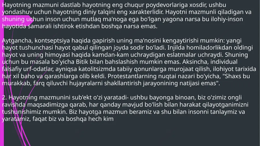 aqlab qolgan ma'naviy o'lmaslik, turli vaqt oralig'ida to'plangan hamma narsa, turli davrlarda va turli madaniyatlarda saqlanadi. bu erda asosiy mezon - jamiyatning rivojlanishi uchun inson tomonidan yaratilgan va erishgan ijtimoiy qadriyatlardir . diniy ishlash. ruhning o'lmasligi. hayotning ma'nosini topish muammosi har bir inson, hayot mazmunini topishga urinib, o'zi uchun yashaydigan joylarni belgilashga intiladi. inson uchun bunday maqsadlar martaba, oila idillasi, xudoga bo'lgan ishonch, vatan oldidagi burch, ijodiy rivojlanish va boshqa ko'plab narsalar bo'lishi mumkin. hayotingizning o'z mazmuniga erishish uchun quyidagi usullardan foydalanishingiz mumkin: atrof-muhitning go'zalligi va ulug'vorligini anglash. siz uchun muhim bo'lgan narsalarni amalga oshirish uchun siz ma'naviy hayot kechirishingiz kerak, keyingi harakatlaringiz unga bog'liq. inson hayotining ma'nosi falsafa ushbu mavzu bo'yicha bahs-munozaralarni falsafada topish mumkin. inson hayotining ma'nosini tushunish uchun, tarixda ma'lum bo'lgan buyuk aqllarning fikriga murojaat qilish kerak. sokrat . falsafachi moddiy manfaatlarga erishish uchun emas, balki yaxshi ishlar qilish va yaxshilash uchun yashash kerak, deb hisoblaydi. aristotel …