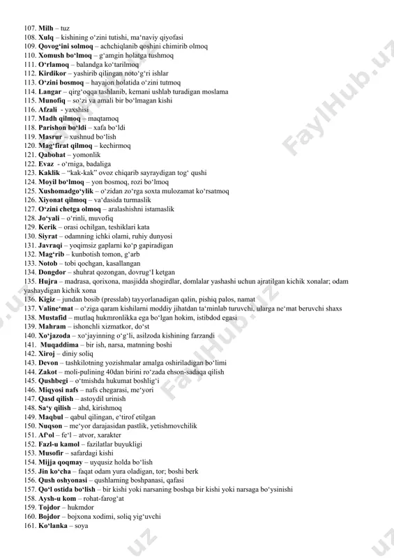 zat-nafs – o‘z qadr-qimmatini, o‘z fazilatlarini sezish va uni qadrlash hissi, nafsoniyat 61. voqif bo‘lmoq – xabardor bo‘lish, boxabar bo‘lish 62. madrasa – sharq o‘tmishida oliy ma‘lumot beruvchi ta‘lim muassasasi 63. mohir – yuksak mahoratga ega bo‘lgan, mahorat qozongan; usta 64. me‘mor – imorat qurilishini loyihalash bo‘yicha mutaxassis 65. poydevor – bino devorining asos qismi 66. fursat – vaqtning zum, damdan keyingi kichik qismlaridan biri 67. boqiy – abadiylikka ega 68. oliy – eng yuqori 69. malolat – malol kelish, og‘rinish 70. afqor – xor bo‘lish, ezg‘in holatga tushish 71. miodi – muddat, ijro vaqti 72. sa‘b – o‘zga holat, say‘y-harakat 73. nesh – nish, tig‘ 74. resh – yara, jarohat 75. solik – komillik sari harakat qilayotgan kishi 76. takbiri fano – o‘tkinchi dunyo uchun haqni ulug‘lash 77. ko‘shish – qiyin, og‘ir 78. g‘avvos – suv tagida harakat qilish, suzish 79. soyi – sayin, sari 80. ranj – mashaqqat, …