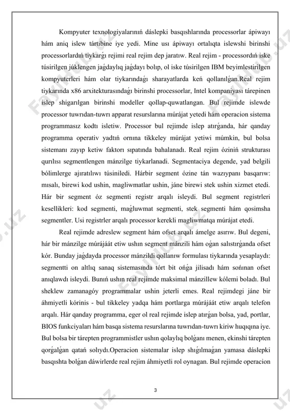asırıw. bul degeni, hár bir mánzilge múrájáát etiw ushın segment mánzili hám oǵan salıstırǵanda ofset kór. bunday jaǵdayda processor mánzildi qollanıw formulası tiykarında yesaplaydı: segmentti on altlıq sanaq sistemasında tórt bit ońǵa jilisadı hám sońınan ofset anıqlawdı isleydi. bunıń ushın real rejimde maksimal mánzillew kólemi boladı. bul sheklew zamanagóy programmalar ushin jeterli emes. real rejimdegi jáne bir áhmiyetli kórinis - bul tikkeley yadqa hám portlarga múrájáát etiw arqalı telefon arqalı. hár qanday programma, eger ol real rejimde islep atırǵan bolsa, yad, portlar, bios funkciyaları hám basqa sistema resurslarına tuwrıdan-tuwrı kiriw huqıqına iye. bul bolsa bir tárepten programmistler ushın qolaylıq bolǵanı menen, ekinshi tárepten qorǵalǵan qatań solıydı.operacion sistemalar islep shıǵılmaǵan yamasa dáslepki basqıshta bolǵan dáwirlerde real rejim áhmiyetli rol oynagan. bul rejimde operacion sistema paydalanıwshıǵa tolıq basqarıwdı beriwshi, biraq hár qanday qátelik pútkil sistemanıń isten shıǵıwına alıp keliwi múmkin. real rejimde islewde multitasking, yaǵnıy bir paneldiń ózinde bir neshe programmalardı uslap …