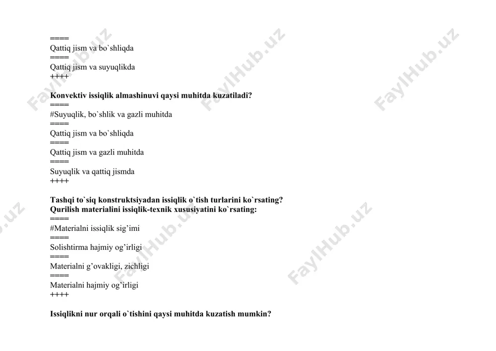 == qattiq jism va gazli muhitda ==== suyuqlik va qattiq jismda ++++ tashqi to`siq konstruktsiyadan issiqlik o`tish turlarini ko`rsating? qurilish materialini issiqlik-texnik xususiyatini ko`rsating: ==== #materialni issiqlik sig’imi ==== solishtirma hajmiy og’irligi ==== materialni g’ovakligi, zichligi ==== materialni hajmiy og’irligi ++++ issiqlikni nur orqali o`tishini qaysi muhitda kuzatish mumkin? ==== #bo`shliqda yoki gazli muhitda ==== suyuqlikda ==== qattiq jism va bo`shliqda ==== qattiq jism va suyuqlikda ++++ konvektiv issiqlik almashinuvi qaysi muhitda kuzatiladi? ==== #suyuqlik, bo`shlik va gazli muhitda ==== qattiq jism va bo`shliqda ==== qattiq jism va gazli muhitda ==== suyuqlik va qattiq jismda ++++ tashqi to`siq konstruktsiyadan issiqlik o`tish turlarini ko`rsating? ==== #konstruktsiyadan issiqlik o`tkazuvchanlik nur va konvektsiya orqali issiqlik o`tadi ==== konstruktsiyadan nur va konvektsiya orqali issiqlik o`tadi ==== faqat konvektsiya orqali issiqlik o`tadi ==== nur orqali issiqlik o`tadi ++++ bir jinsli bir qatlamli tashqi to`siq konstruktsiyani issiqlik o`tkazuvchanlik koeffitsienti 0,5 vt/m˚с va qalinligi 0,6 m bo`lganda, …