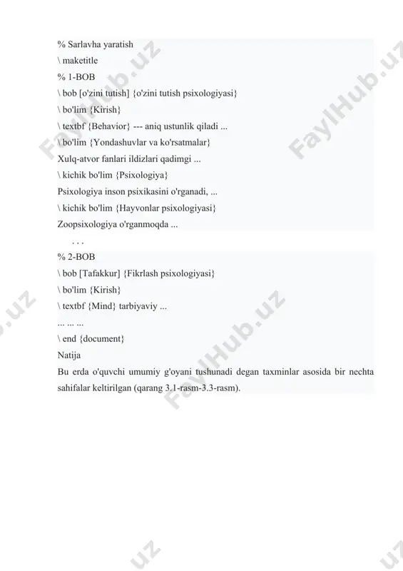 kichik bo'lim {1-kichik sarlavha ... ... ... \ kichik bo'lim {2-kichik sarlavha ... ... ... \ kichik bo'lim {3-kichik sarlavha ... ... ... \ kichik bo'lim * {xulosa} ... ... ... \ end {document} shakl: 3.4. * buyrug'idan foydalanishning misoli - sarlavhalar. 4.mundarija yaratish muntazam sarlavhalar uchun tarkib ofis dasturlari foydalanuvchilari hujjat tarkibini yaratish uchun dastlabki konfiguratsiya va formatlashni talab qilishini bilishadi. masalan, ms word-da tarkib jadvalini yig'ish uchun maxsus mexanizm mavjud. umuman olganda, bu juda oddiy va faqat sarlavha uslublarini malakali sozlashni talab qiladi. latex tarkibni jadvalini nihoyatda nafis tarzda yaratish vazifasini bajaradi. \ mundarija buyruq yaratilgan sarlavhalar asosida avtomatik ravishda tarkib jadvalini hosil qiladi. • agar sarlavha qisqa sarlavhaga ega bo'lsa, u bosilib chiqadi. • * bilan belgilangan sarlavhalar tarkib jadvaliga kiritilmagan. • buyruq hujjatning istalgan joyida joylashgan bo'lishi mumkin (lekin uni hujjatning boshida yoki oxirida joylashtirish tavsiya etiladi). * sarlavhalarini tarkibiga kiritish agar tarkibiga * -kategoriyasini kiritishingiz …