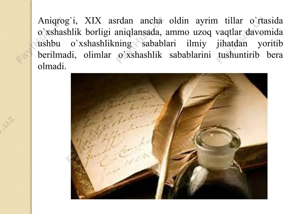 mmatik shakllarni-tuslanish formalarini qiyoslash asosida ushbu tillar o`rtasidagi umumiylikni, o`xshashlikni ochib berdi. u qiyoslash metodi bilan qiyoslanayotgan tillarning dastlabki holatini, ko`rinishini tiklash mumkin, degan fikrni ilgari surdi. shunga ko`ra 1816 yil to`liq ma`noda qiyosiy-tarixiy tilshunoslikning tug`ilish-yaratilish yili deb e`tirof qilinadi image2.jpeg image3.png image4.jpeg image5.jpeg /docprops/thumbnail.jpeg