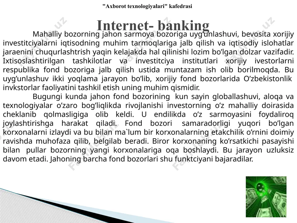 elektron to’lov tizimlari websum ipay paynet webmoney intellectmoney perfect money rbk money v-money texnika vositalaridan, axborot texnologiyalaridan va axborot tizimlari xizmatlaridan foydalangan holda elektron to’lov hujjatlari vositasida naqd pulsiz hisob-kitoblarni amalga oshirish elektron to’lovdir. "axborot texnologiyalari" kafedrasi websum elektron to’lov tizimi websum – bu internet tarmog’i orqali bir zumda tovar yoki xizmatlarni sotish yoki xarid qilish imkonini beruvchi elektron to’lov tizimidir. websum elektron to’lov tizimini manzili: www.websum.uz "axborot texnologiyalari" kafedrasi internet do’konlar va internet birja websum elektron to’lov tizimidan foydalanadigan internet do’konlar. "axborot texnologiyalari" kafedrasi visa va mastercard kartalari visa kartalari bo’yicha yillik savdo aylanmasi 4,8 trillion aqsh dollarini tashkil qiladi. visa kartalari dunyoning 200 dan ortiq mamlakatlarida qabul kilinadi. dunyoda to’lov kartalarining 57% visa kartalari tashkil qiladi, asosiy raqobatchilari mastercard 26% va american express 13% tashkil qiladi. mastercard worldwide – dunyoning 210 mamlakatlaridagi 22 ming moliyaviy tashkilotlarni birlashtirgan xalqaro to’lov tizimi hisoblanadi. bosh ofisi aqshning nyu-york shaxrida joylashgan. visa …