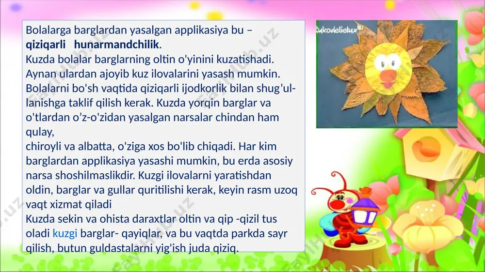ar, baland-past, keng-tor ya’ni qalin-ingichka kabi tushunchalarni egallab, tushunib boradilar. qog’oz varag’ini mo’ljallay bilish bilan bog’liq bo’lgan tushunchalar, tepada, pastda, o’rtasida, ketma-ket tushunchalarni egallashga harakat qiladilar. qog’ozni 2 buklab bir xil shakllar qirqish usuli, simmetrik shakllarini ham bir necha marta buklab (garmoshka qilib taxlab) qirqishga o’rganadilar. katta guruhda bolalar o’z ixtiyorlari bilan ham aplikatsiya ishlarini bajaradilar. bolalar olgan bilim, malakalar asosida o’zlari mustaqil aplikatsiya ishlarini bajaradilar. dekorativ applikatsiya ishlarida esa bu guruhda faqatgina tayyor geometrik shakllar berilmay, balki xilma-xil o’simlik shakllaridan barg gullar va boshqalarni elementlari kiritiladi. tayyorlov guruhida applikatsiya qilishga o’rgatish. tayyorlov guruh bolalari bilan dasturda mazmunli aplikatsiyalarni berish ko’zda tutiladi. tayyorlov guruhda ishning dastur materialiga siluet qirqish usuli kiritiladi. naturani taxlil qilishda tarbiyachi ularning diqqatini predmetni konturiga tortadi, barmoq harakati orqali qirqish qaysi qismdan boshlanadigan bo’lsa o’sha qismdan boshlash lozim. yana bu guruhda qirqishning murakkab usuli-qog’ozni bir necha marta buklash orqali qirqishga o’rgatish usuli o’rgatiladi. bu usul salfetka, …