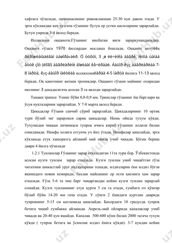 м қўяди ( тупроқ бетига ва ўсимлик илдиз ёнига қўяди). 3-7 кундан кейин тухумидан майда тўқ кул ранг қуртлар чиқади. қуртлар 30-40 кун яшайди беш марта пўст ташлайди. 6 чи ёшида тупроқдаги инчасида ғумбакка айланади. 3-4 авлод беради. кузги тунламдан ташқари ундов тунлами, ёввойи тунлам, ипсимон тунлами, тамаки тунлами, қора елкали тунлам, қора сон тунлами, лентали катта тунлами, қора доғли тунлам, оч кулранг ер тунлами хам зарар етказиши мумкин. қора қўнғизлар буларнинг 6 тури бўлиб қўнғизларнинг личинкалари хам қўнғизлар хам ғўзага кўпроқ зиён етказади. ғўза илдизларини баъзан баргларини шикастлайди. чирилдоқлар буларнинг зарарли 3 та тури (қора дала чирилдоғи, сариқ-қўнғир бордос чирилдоғи ва икки доғли чирилдоқ) маълум қора дала чирилдоғи кўп зарар етказади личинка стадиясида қишлайди апрель-май ойларида туллаб имочага айланади. етук чирилдоғлар поянинг ости қисмини, баргларни,уруғчаларни кемиради. хумкалла қўнғизлар буларнинг 14 тури учрайди. йилига 1 марта учрайди.фақат қўнғизи зарар келтирмайди. улар ёш ўсимликларни кемиради ва уяларига ташийди. 1.2.2.ғўза тунлами танасининг …