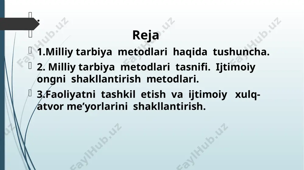 berishi, ta’sir kuchi va mohiyatiga ko’ra toifalarga ajratish tushuniladi. bir toifaga kirgan metodlar tarbiyalanuvchi shaxsda ma’lum bir yo’nalishdagi tarbiyaviy ta’sirni amalga oshiradi. masalan, tarbiyalanuvchini ongida, tushuncha, ishonch, e’tiqod tarkib toptirish, yoki xulq – atvorini xatti- harakatini, odatlarini shakllantirish, yoki ijobiy fazilatlarini bajarishga yo’naltirish, sabab bo’lish va hakozo. shunday qilib, tarbiya metodlarini tasnif qilganda quyidagi to’rt toifaga ajratish ma’qul ko’rinadi, ijtimoiy ongni shakllantirish tarbiyalanuvchi faoliyatini tarkib toptirish, ijobiy fazilatlarga yo’naltiruvchi (sabab bo’luvchi) metodlar, o’z- o’zini tarbiyalash metodlari. tarbiya qoidalari tarkibi tarbiyaning maqsadga qaratilganligi qoidasi tarbiyada insonparvarlik va demokratiya qoidasi tarbiyada o’quvchilarning yosh va shaxsiy xususyatlarini hisobga olish qoidasi tarbiyada milliy va umuminsoniy qadriyatlarning ustunligi qoidasi bolalarni odob-axloq ruhida tarbiyalash metodlari : ijtimoiy ongni shakllantirish metodlari rag’batlantirish va jazolash metodlari ibrat-na’muna metodlari ijtimoiy ongni shakllantirish metodlari uqtirish ishontirish o’git-nasihat maslahat berish iltimos va istak buyruq va talab tushuntirish tarbiyalanuvchining ongida ijobiy fazilatlar haqida tushunchalar hosil qilish, imon, e’tiqod, dunyoqarashni tarkib toptirish, yaxshi …