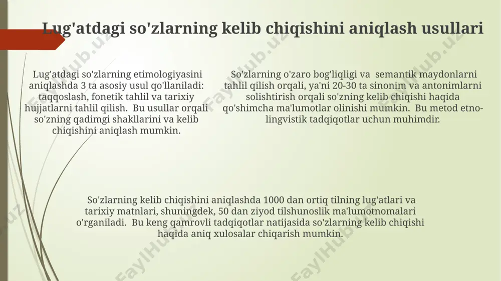 arishlarga uchrab, asl shaklidan farq qilishi mumkin, masalan, "avtomobil" so'zi fransuzcha "automobile" so'zidan o'zlashtirilgan. "telefon", "kompyuter" kabi texnologiya sohasidagi o'zlashtirilgan so'zlarning aksariyati ingliz tilidan olingan va ularning lug'atga kirishi 20-asrning ikkinchi yarmidan boshlangan. o'zlashtirilgan so'zlarning 30% dan ortig'i rus tilidan, 20%i esa arab va fors tillaridan olingan bo'lib, bu lug'at boyligini shakllantirishda ularning muhim rolini ko'rsatadi. e'tiboringiz uchun rahmat @taqdimot_robot