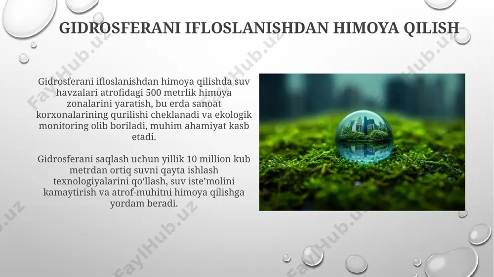un ko'p bosqichli filtrlash tizimlari, shu jumladan, kimyoviy va biologik tozalash usullarini qo'llash zarur. qishloq xo‘jaligida suvni tejash texnologiyalari suv tejovchi o'g'itlar va agrotexnik usullarni qo'llash orqali suv iste'molini 15-25% ga qisqartirish va tuproq unumdorligini yaxshilash mumkin. qishloq xo'jaligida tomchilab sug'orish texnologiyasi suv sarfini 30-50% ga kamaytirib, hosildorlikni 20% ga oshirishi mumkin. gidrosfera monitoringi gidrosfera monitoringi suv havzalari sifati bo'yicha 10 dan ortiq parametrlarni, jumladan, kislorod miqdori, harorat va ifloslantiruvchi moddalar konsentrasiyasini o'z ichiga olgan murakkab jarayondir. samarali gidrosfera monitoringi uchun sun'iy yo'ldosh ma'lumotlari, gidrologik stantsiyalar o'lchovlari va in situ kuzatuvlar kabi turli xil ma'lumot manbalarini integratsiyasi muhimdir. aholi orasida ekologik madaniyatni oshirish сув тежаш технологияларини 30% га кўпайтиришга қаратилган амалий ўқув дастурлари орқали аҳолининг экологик маданиятини юксалтириш мумкин. аҳолининг 70% дан ортиғи сув ресурсларини асраш бўйича маълумотларга эга эмаслигини инобатга олган ҳолда, тарғибот кампаниялари орқали экологик саводхонликни ошириш муҳимдир. e'tiboringiz uchun rahmat @taqdimot_robot image3.png image4.jpg image5.jpg image6.jpg image7.jpg image8.jpg …