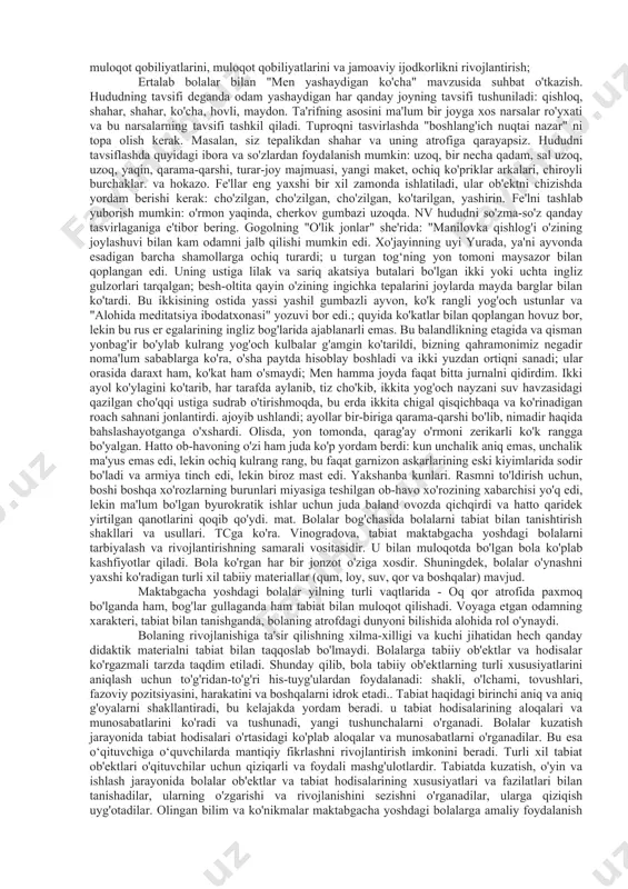 mezonlarga ko‘ra guruhlash va boshqalar, bolalar kitoblari kutubxonasi, tematik alьbomlar, topishmoqlar alьbomlari, magnit harflar to‘plami, "rasmli alifbo" kubiklari. ilm, fan va tabiat markazi: atrof-muhit madaniyati bo‘yicha didaktik materiallarlar, «tabiat va odam» rasmlari va illyustratsiyalari, valiologiya bo‘yicha maketlar, tabiiy materiallarlarning xususiyatlarini o‘rganish uchun materiallarlar, to‘plamlar, tadqiqotlar va tajribalar uchun, bilim to‘plamlari, o‘ynash uchun o‘yin mavzular to‘plamlari - uy va yovvoyi hayvonlar, dengiz hayoti, hasharotlar, qushlar. san’at markazi: tasviriy faoliyat zarur jixozlar, xalq hunardmanchilik mahsulotlari tasvir etilgan alьbomlar va illyustratsiyalar, dekorativ-amaliy san’at, turli xil xalqlarning hayoti, madaniyati, urf-odat aks ettirilgan rasmlar, bolalar yozuvchisi va o‘zbekiston shoirlari portretlari, tematik rang-barang kitoblar, erkin ijod uchun rasm chizish alьbomlari. markazlardagi bolalar faoliyati: o‘yin, mustaqil nutq, kognitiv, kommunikativ, kognitiv-tadqiqot, eksperimental, ijodiy, kommunikativ, mehnat, samarali, musiqiy va badiiy. pedagogning faoliyati: bolalarni tabiat, musiqa va ijod dunyosiga jalb qilish va bolani o‘rgatish; mustaqil ravishda bilimlarni egallash, bilimga bo‘lgan qiziqishni rivojlantirishga, yangi bilimlarni olishga bo‘lgan ehtiyoj, o‘rganish va rag‘batlantirish, …