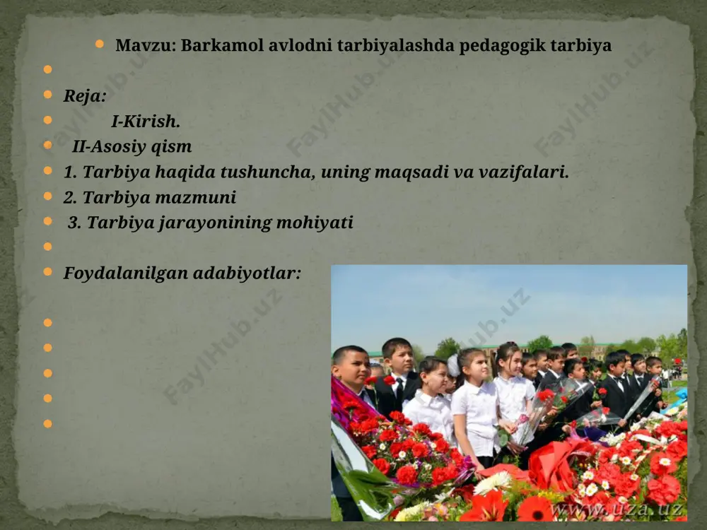 tib, integrasiyalash, ularni umumlashtirish uchun katta zaruriyat paydo bo‘ladi. o‘z navbatida, yig‘ilgan bilimlarni umumlashtirish dastlab sotsiologik jihatdan tahlil qilinadi va faqat shundan keyingina falsafiy darajada amalga oshiriladi. ta’limni tarbiyadan, tarbiyani esa ta’limdan ajratib bo‘lmaydi – bu sharqona qarash, sharqona hayot falsafasi. i.a.karimov hozirgi sharoitda insonga ijtimoiy muhit ko‘rsatayogan ta’sirini quyidagicha tasnif etish mumkin: birinchidan, har bir insonga bo‘lgan global ta’sir, ya’ni radio, televidenie, matbuot, kino va hokazolar orqali axborot almashinuvi; ikkinchidan, mamalkat va mintaqa miqyosidagi ijtimoiy ta’sir insonni mavjud shart-sharoitlar doirasida inson dunyoga kelishidan to hayotdan ko‘z yumgunigacha o‘z orbitasida tutib turadi; uchinchidan, insonni avval boshidan o‘rab turgan mikromuhit – oila, maktab, ko‘cha va hokazolar o‘z ta’siriga oladi. anna shu nuqtai nazardan aytish mumkinki, inson shaxsning shakllanishidagi birinchi bosqich – oiladir. oila bioijtimoiy sifatga ega bo‘lgan tuzilma sifatida jamiyatning barqaror va dastlabki bo‘g‘inidir. oilada go‘dak ilk bor ijtimoiy-madaniy qadriyatlarni anglamagan holda o‘zlashtiradi va ular zamirida faolligini asta-sekinlik bilan oishirib boradi. …