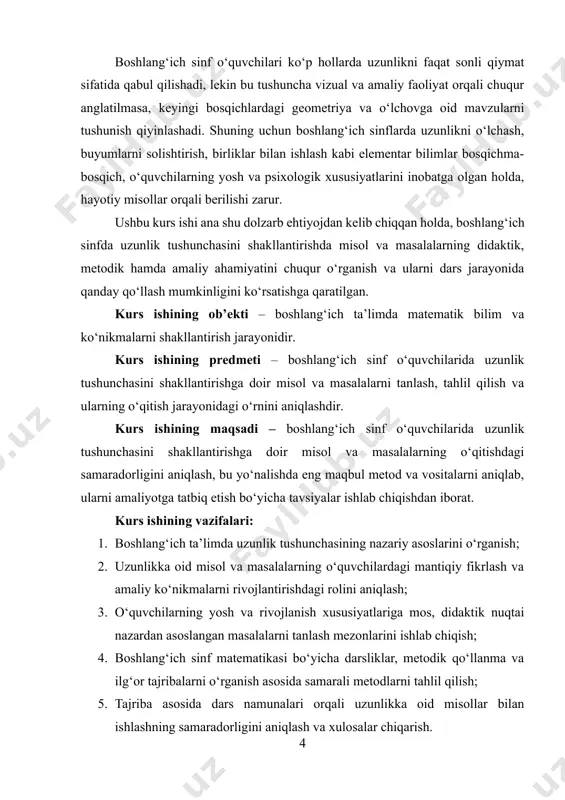 hunchasi matematikaning asosiy bo‘limlaridan biri bo‘lib, u atrofimizdagi jismlarning uzunligi, hajmi, massasi, vaqti, maydoni kabi fizik xossalarini aniqlash va taqqoslash imkonini beradi. ayniqsa, boshlang‘ich sinf o‘quvchilari uchun bu tushuncha hayotiy faoliyat bilan chambarchas bog‘langan bo‘lib, ularning amaliy bilim va ko‘nikmalarini shakllantirishda muhim rol o‘ynaydi. o‘lchash tushunchasini o‘rgatish orqali o‘quvchilar o‘zlari yashab turgan muhitdagi jismlar va hodisalarni raqamlar orqali ifodalashni, taqqoslashni va tahlil qilishni o‘rganadilar. bu esa ularda mantiqiy fikrlash, kuzatish, xulosa chiqarish, aniqlik va tartiblilik kabi muhim ko‘nikmalarni rivojlantiradi. o‘lchashga oid bilimlar matematikaning boshqa bo‘limlari, xususan arifmetika, geometrik figuralar, miqdoriy baholash, nisbatlar va foizlar bilan bevosita bog‘liq bo‘ladi[footnoteref:1]. masalan, uzunlikni o‘lchashda o‘quvchilar 1 sm, 1 dm, 1 m kabi birliklar bilan tanishadilar va bu birliklar orasidagi o‘zaro bog‘liqlikni o‘rganadilar. 1 m = 10 dm, 1 dm = 10 sm kabi tengliklar asosida ular birliklar orasida o‘tkazish, ya’ni aylantirish amallarini bajaradilar. bu matematik asoslarni tushunish ularning keyingi bosqichlardagi matematik bilimlarni o‘zlashtirishiga …