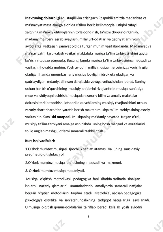 yo‘naltirish va boyitish, ijodiy qobiliyatlarini o‘stirish; talabalarni musiqa madaniyati o‘qituvchisi amaliy faoliyatiga tayyorlash. fanning vazifalari – quyidagilar deb belgilab olindi: - talabalarga musiqiy ifodalilikning asosiy vositalarini tushunib yetish yo‘lida maxsus bilimlar berish, musiqiy-texnik ko‘nikmalarni singdirish; - talabalarni kompozitorlik ijodining ahamiyatli masalalari va nazariy musiqashunoslikning asosiy muammolari bilan yaqindan tanishtirish hamda musiqiy til tizimi va unda muhim o‘rin egallagan garmoniya haqida aniq tushunchalar bеrish; - talabalarni musiqiy asar shaklining tuzilishidagi asosiy qonuniyatlari, muhim musiqa elеmеntlari, musiqiy rivojlanish printsiplari, shakldagi qismlar funktsiyasi bilan tanishtirish, ularda turli xil musiqiy shakllarni tahlil qilish ko‘nikma va malakalarini shakllantirish - talabalarning musiqiy fikrlash, musiqiy eshitish, sof intonatsiyalash qobiliyatini shakllantirish, musiqiy xotira, lad, ritm va uslub tuyg‘usini tarbiyalash va rivojlantirish hamda orttirgan bilim va ko‘nikmalarini amaliyotda qo‘llay olishga o‘rgatishdir. musiqa muallimiga qo’yiladigan asosiy talablar: har bir kasb o’ziga xos xususiyatga ega. musiqa muallimining o’z “sirlari” bor . musiqa muallimi musiqaga muhabbat, haqiqiy musiqa tarbiyasisiz komil inson sifatida …