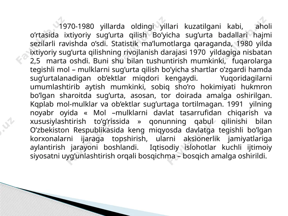 dastlabki nodavlat sektoridagi sug‘urta kompanyalaridan biri – «ark sug‘urta guruhi»dir. bu kompaniya ilk marta 1991-yilning 21 fevralida «astrovaz» nomi bilan rossiyalik hamkorlar yordamida tashkil etildi. umuman, sug‘urtaning insoniyat hayotidagi va iqtisodiyotning uzluksiz rivojlanishinita’minlashdagi ahamiyati beqiyos. buni e’tiborga olib, mamlakatimizda bozor infratuzilmasining ushbu bo‘g‘inini rivojlantirishga katta e’tibor berilyapti. birgina 2002-yilda sug‘urta sohasini rivojlantirish yuzasidan davlat miqyosida bir qator chora-tadbirlarning belgilanganligi fikrimizning tasdig‘idir. xususan, 2002-yilning 31 yanvarida o‘zbekiston respublikasi prezidentining "sug‘urta bozorini yanada erkinlashtirish va rivojlantirish chora-tadbirlari to‘g‘risida"gi farmonining e’lon qilinishi sug‘urta tizimini taraqqiy ettirish yo‘lida muhim qadam bo‘ldi. mazkur farmonga muvofiq, mulk shaklidan qat’iy nazar barcha sug‘urta tashkilotlari 2002-yilning 1 fevralidan boshlab uch yil muddatga daromad (foyda) solig‘i to‘lashdan ozod etildi sug‘urta sohasida olib borilayotgan islohotlar o‘zbekiston respublikasi vazirlar mahkamasining "sug‘urta xizmatlari bozorini yanada rivojlantirish chora-tadbirlari to‘g‘risida" 2002-yil 27 noyabrda qabul qilgan qarori sohani rivojlantirishda katta ahamiyat kasb etdi. o‘zbekiston hukumati tomonidan sug‘urta sohasini rivojlantirishga katta e’tibor berilib, sug‘urta bozorini bosqichma-bosqich …