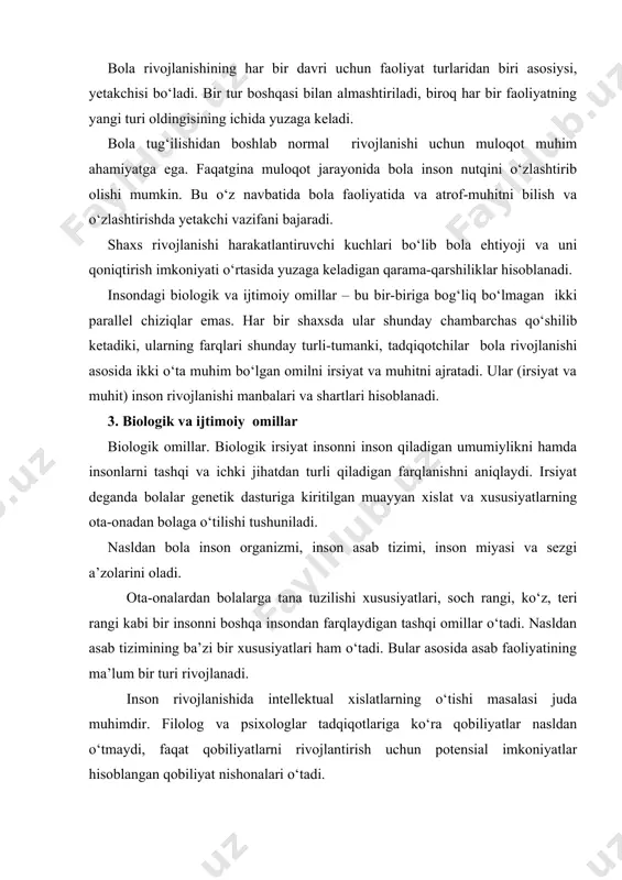 yoshlarda) topgan. kichigi amala, kattasini kamala deb nomlashdi. boshida ular o‘zini yovvoyi hayvonlardek tutdi. tunda emaklab yurishardi va yugurishardi, kunduzi uxlashardi, qo‘ldan foydalanmay chapillatib ovqatlanishardi. kichik qizcha tezda o‘lib qoldi, kattasi 10 yilga yaqin yashadi. shu yillar ichida doktor sing kamalani kuzatish kundaligini batafsid olib bordi. qiyinchilik bilan o‘qirdi. 2 yil uni tik turishga o‘rgatishga to‘g‘ri keldi. 6 yildan so‘ng yura boshladi, lekin ilgaridek emaklab yugurardi. birinchi 4 yillar ichida 6 ta so‘zni o‘zlashtirdi. 7 yildan so‘ng so‘z boyligi 45 ta so‘zga, 3 yildan so‘ng esa 100 gacha yetdi. shuni o‘zida til jarayoni to‘xtadi. bu vaqtga kelib kamala inson jamiyatini yaxshi ko‘rdi, yorug‘likdan qo‘rqmay qoldi, qo‘l bilan ovqatlanishga va stankandan ichishga o‘rgandi. 17 yoshga yetgach kamala rivojlanishi darajasiga qaraganda 4 yoshlik boladek edi. bu hol shuni ko‘rsatadiki, odam oxir-oqibatda insonlar jamiyatiga tushib qolganida ham odam darajasiga yetmagan. nima o‘zi odamni odam qiladi? biologik individni ijtimoiy subyektga aylanishi odam sotsializatsiya jarayonida, …