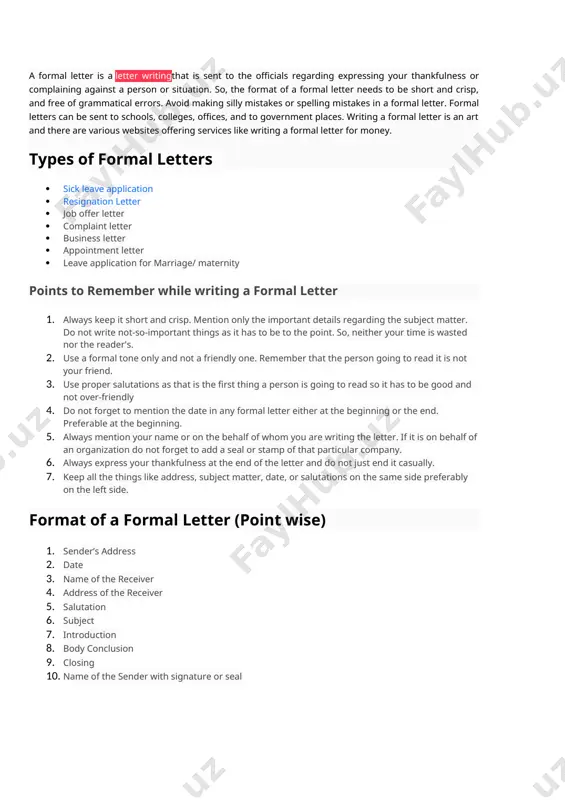ormat of a formal letter (point wise) 1. sender’s address 2. date 3. name of the receiver 4. address of the receiver 5. salutation 6. subject 7. introduction 8. body conclusion 9. closing 10. name of the sender with signature or seal image1.gif image2.jpeg image3.jpeg