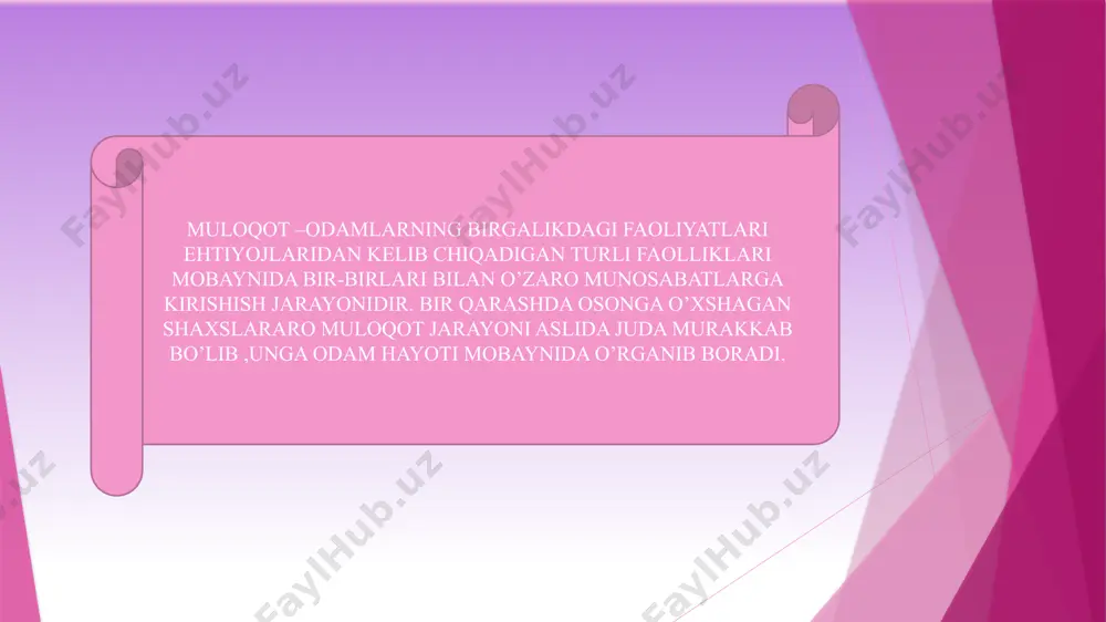 n rang ,kiyim, soch turmagi, tashqi ko’rinishga ta’sir etuvchi boshqa omillar ham noverbal aloqa vositasi hisoblanadi. rang psixologiyasi bo’yicha tadqiqotlar shuni ko’rsatdiki, turli xil ranglar turlicha kayfiyatlarni uyg’otishi mumkin. tashqi ko’rinish fiziologik reaksiyalar,biror narsa to’g’risidagi fikr va ularning qanday talqin etilishining o’zgarishiga sababchi bo’lishi mumkin. e’tiboringiz uchun rahmat ! /docprops/thumbnail.jpeg