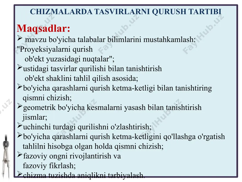 an chiziqlar bilan chizilgan va o'lchamlar qo'llaniladi. qismning ko'rinmas kontur chiziqlari 23 02.10.2025 geometrik jismlarda kesiklar yasash shakli kesiklar bilan murakkablashgan geometrik jismlarning tasvirlari tayyorgarlik tafsilotning proektsiyalari kesilgan qismning shakli tafsilot 02.10.2025 uchinchi turdagi qurilish uchinchi proyeksiyani ob'ekt shaklini tahlil qilish asosida qurish mumkin. ? ? ulanish liniyalari yordamida ikkita ma'lumotdan uchinchi proyeksiyani qurish 02.10.2025 ulanish liniyalari yordamida ikkita ma'lumotdan uchinchi proyeksiyani qurish tabassum! 02.10.2025 §13, 80-92-betlar. to'liq grafik ish №5 "uchinchi turdagi qurilish ikki ma'lumotlarga ko'ra" guruch. 115, b. darslikdagi 92. bajarilgan ish namunasi maktab veb-saytida taqdim etilgan sch 2034.ru bo'limida "ta'lim faoliyati" uy vazifasi 1. qismning geometrik shakli va uning simmetriyasini tahlil qilish. 2. asosiy ko'rinishni ( old ko'rinish ), yuqori ko'rinishni va chap ko'rinishni tanlang. 3. format holatini va tasvir masshtabini tanlash. 4. chizmaning ish maydonini o'rnatish: o'lchovli to'rtburchaklarni hisoblash va qurish, simmetriya o'qlarini chizish. 5. asosiy ko'rinishning konturini qurish. 6. yuqori ko'rinishning konturini qurish. 7. chap …