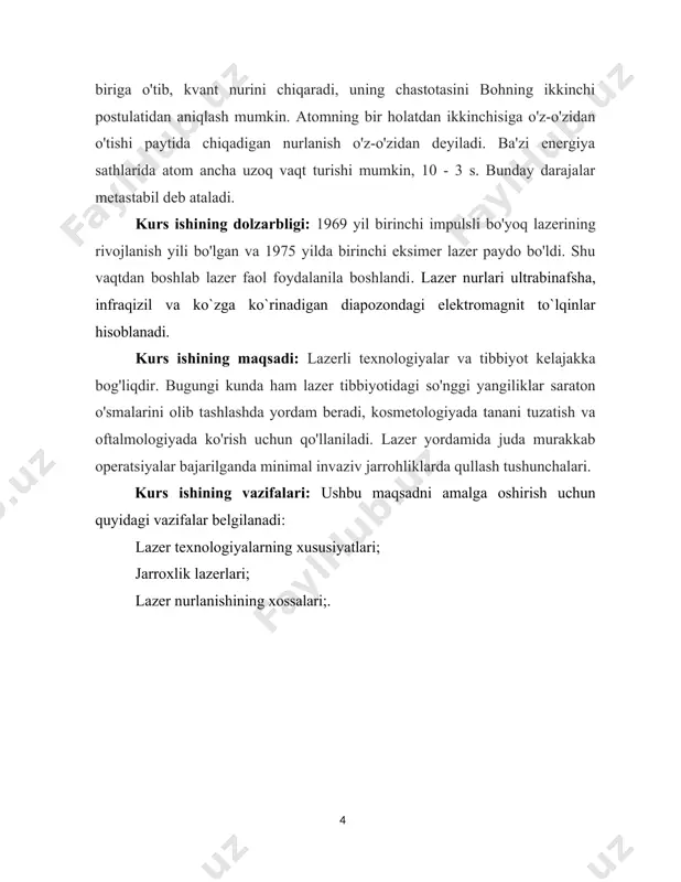 kon berdi. va 80- yillarda birinchilari paydo bo'ldi. bu kosmetologiyada lazerlardan foydalanishning boshlanishi edi. bunday lazer tizimlari kapillyar gemangioma va tug'ilish belgilarini olib tashlashi mumkin. birozdan keyin qobiliyatli lazerlar paydo bo'ldi. bular q-ga almashtirilgan lazer lazerlari edi. 90-yillarning boshlarida skanerlash texnologiyalari ishlab chiqilgan va joriy qilingan. lazerni qayta ishlashning aniqligi endi kompyuter tomonidan boshqarildi va terining lazer bilan qayta tiklanishini amalga oshirish mumkin bo'ldi, bu esa mashhurligini ancha oshirdi. bugungi kunda lazerlarni tibbiyotda qo'llash sohasi juda keng. bular jarrohlik, oftalmologiya, stomatologiya, neyroxirurgiya, kosmetologiya, urologiya, ginekologiya, kardiologiya va boshqalar. siz tasavvur qilishingiz mumkinki, bir paytlar lazer skalpelga yaxshi alternativa bo'lgan, ammo bugungi kunda u saraton hujayralarini olib tashlash, turli a'zolarda juda aniq operatsiyalarni bajarish va saraton kabi dastlabki kasalliklarda jiddiy kasalliklarni aniqlash uchun ishlatilishi mumkin. endi tibbiyotda lazerli texnologiyalar lazer terapiyasi, fizioterapiya, dori-darmonlar va ultratovush bilan birgalikda davolash usullarini ishlab chiqishga kirishmoqda. masalan, yiringli kasalliklarni davolashda lazer bilan davolash, antioksidantlar va …