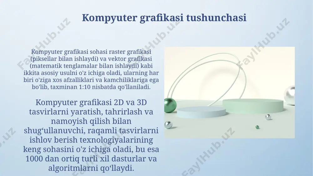 f-muhitni simulyatsiya qilish imkonini beradi, foydalanuvchiga real vaqt rejimida interaktiv tajriba taqdim etadi. ar ilovalari, masalan, o'yinlar yoki ta'lim dasturlari, real dunyoga 3d ob'ektlarni qo'shish orqali foydalanuvchi tajribasini boyitadi, obrazlarni proeksiyalash uchun 60 hz dan yuqori yangilanish tezligidan foydalaniladi. rendering jarayoni ray tracing texnologiyasi yordamida renderlash jarayoni, yorug'lik nurlarining ob'ektlar bilan o'zaro ta'sirini simulyatsiya qilish orqali, fotorealistik tasvirlarni hosil qilishga imkon beradi, bu esa hisoblash vaqtini 4-5 barobarga oshirishi mumkin. real vaqt rejimida renderlashda, 60 fps (sekundiga kadrlar soni) ga erishish uchun, murakkab sahnalarni soddalashtirish orqali, masalan, geometriyaning detallarini kamaytirish orqali 30% gacha tezlashtirish mumkin. interaktiv grafikalar interfeys dizayni va foydalanuvchi tajribasini (ux) yaxshilashda interaktiv grafikalar muhim rol o'ynaydi, chunki u 5 dan ortiq turdagi vizual vositalarni qo'llab-quvvatlaydi va murakkab ma'lumotlarni tushunarli tarzda ifodalashga yordam beradi. interaktiv grafikalarning asosiy xususiyati - foydalanuvchi harakatlariga darhol reaksiya berish qobiliyati, masalan, sichqoncha yoki sensorli ekran orqali 100 dan ortiq harakatlarni qayd etish mumkin. …