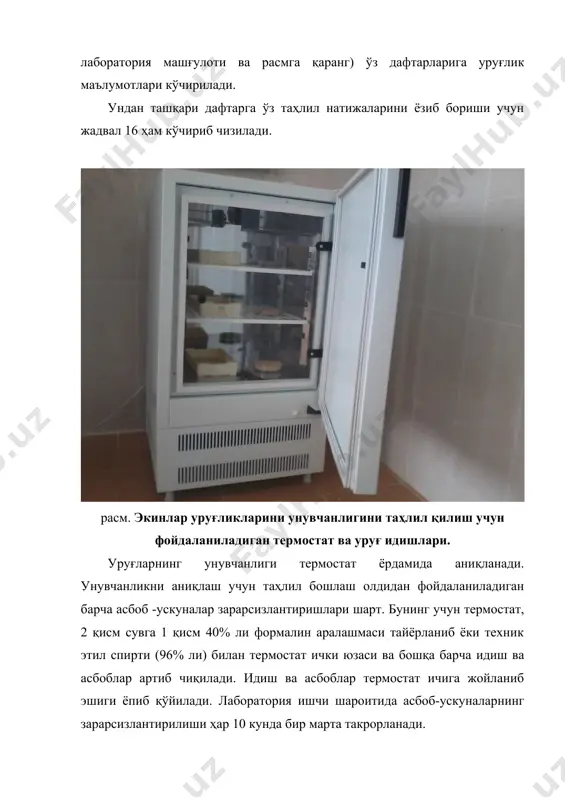 4 92 дан -94 гача ёки 6 дан -8 гача +- 5 88 дан -91 гача ёки 9 дан -12 гача +- 6 83 дан -87 гача ёки 13 дан -17 гача +- 7 75 дан -82 гача ёки 18 дан -25 гача +- 8 62 дан -74 гача ёки 26 дан -38 гача +- 9 39 дан -61 гача +- 10 уруғнинг асосий унувчанлигини аниқлашда унган ва унмаган ҳамма уруғни санаб, гуруҳларга (нормал унган, нормал унмаган, бўккан, ва чириган) ажратилади. ҳар тўрттала кичик намуналардаги уруғларнинг униши ўртача ҳисоблаб чиқилади. такрорлаш натижалари орасидаги фарқи белгиланган гост талаби меъёридан ошмагандагина таҳлил натижаси тўғри ҳисобланади (жадвал). акс ҳолда таҳлил такрорланади. топшириқлар. 1.талабалар буғдой уруғи ўсиш қуввати ва унувчанлигини аниқлаш усулини ўрганиш бўйича амалга оширган таҳлилари натижасида олган кўникмаларини янада мустаҳкамлаш мақсадида мустақил иш учун бошқа нав ёки тур уруғликларининг ўсиш қуввати ва унувчанлигини ўрганиш таҳлилини такрорлайдилар. 2.таҳлил натижалари гост меъёридан ошган гуруҳ …