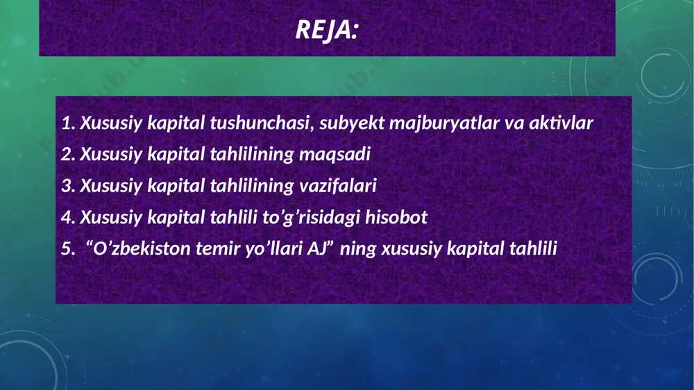 yektning ustavida belgilangan normalariga amal etishini baholash xususiy kapital va uning tarkibiy, dinamik o’zgarishlariga baho berish xususiy kapitaldan samarali foydalanish darajasini o’rganish xususiy kapital samaradorligini oshirishning imkonyatlarini aniqlash va yo’lga qo’yish xususiy kapital tahlili to’g’risidagi hisobot xususiy kapital to’g’risidagi hisobotda o’z sarmoyasining harakati, zaxiralarni shakllantirish, to’lash uchun hisoblangan dividendlar to’g’risidagi axborot taqdim etiladi. xususiy kapital to’g’risidagi hisobotni tuzish maqsadi bo’lib, xususiy kapitalning hisobot davri boshiga va oxiriga bo’lgan holati va hisobot davri mobaynida uning tarkibidagi o’zgartirishlar haqidagi axborotni ochib berish hisoblanadi. xususiy kapital to’g’risidagi hisobotga bo’lgan tushuntirishda: xo’jalik yurituvchi subyekt xususiy kapital qatnashchisining chiqib ketishi, aksiyadorlik jamiyati tomonidan aksiyalarning sotib olinishi yoki sotib olingan aksiyalarni bekor qilinishi, aksiyalar nominal qiymatining pasayishi yoki boshqa sabablarga ko’ra kamayib ketganligi haqidagi ma‘lumotlar keltiriladi aksiyadorlik jamiyatilari xususiy kapitali hisobotning xususiy kapital to‗g‗risidagi qismiga oid tushuntirish xati ―”hisob siyosati va moliyaviy hisobotlar” buxgalteriya hisobi milliy standarti (1-son bhms)da nazarda tutilgan talablarga muvofiq tuziladi. aksiyadorlik jamiyatlari …