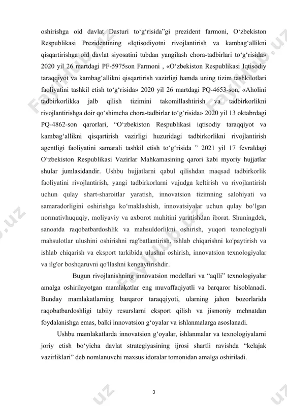 shtirishni boshqarish muammolariinnovatsiyalarning mohiyati.innovatsion faoliyat va uning natijalarini tijoratlashtirishning nazariy va uslubiy asoslari. o’zbekistonda innovatsiyalar va yangiliklar bozorini rivojlantirish istiqbollari haqidagi malumotlarni umumlashtirish va qisqacha tavsiflash. kurs ishi ob’yekti va predmeti: yangiliklarni o’zlashtirishni boshqarish muammolari.innovatsiyalar va yangiliklar bozori bugungi kun holati. iqtisodiyotni rivojlantirishdan innovatsiyalarning roli. kurs ishning tadqiqot uslubi va uslubiyoti: ilmiy ommabop manbalardan to’plangan ma’lumotlar tahlil qilib,xulosa va takliflar qilish. kurs ishi tuzilishi: bajarilgan kurs ishi kirish qismi, asosiy qism va qilingan xulosalardan iborat. ishda o’rganilishi e’tiborga olingan ma’lumotlar tushunarli ravishda ifodalash uchun chizma jadvallar va rasmlar berildi.ishga qo’yilgan maqsadga erishishi uchun to’plangan adabiyotlar manbalarning nomlari va elektron manzillari keltirildi. 1.innovatsion mеnеjmеntning asosiy tushunchalari, maqsadlari va vazifalari va muammolari jamiyat va davlat hayotining barcha sohalari shiddat bilan riyojlanayotgani islohotlarni mamlakatimizning jahon siyilizatsiyasi yetakchilari qatoriga kirish yo’lida tez va sifatli ilgarilanishini ta’minlaydigan zamonaviy innovatsion g’oyalar, ishlanmalar va texnologiyalarga asoslangan holda amalga oshirishni taqozo etadi. bugungi kunda ko`plab riyojlangan va jahon …