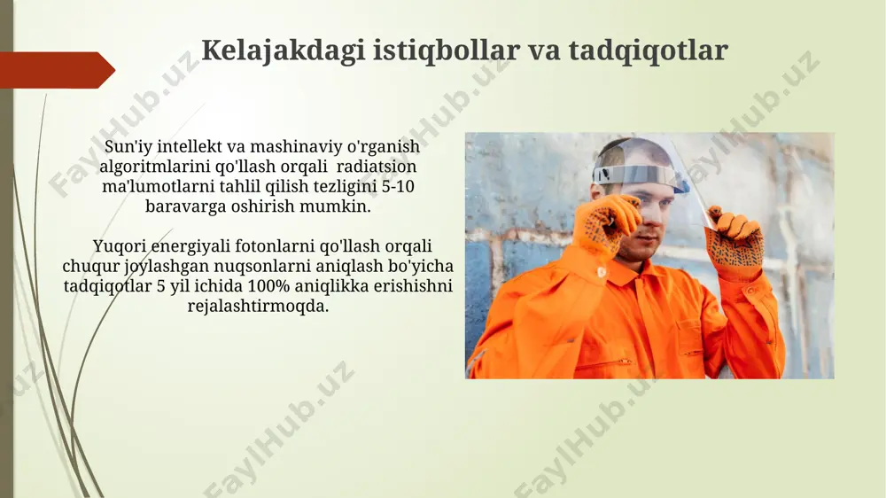 acha bo'lgan maydonlarni tahlil qilish mumkin, bu esa materiallarni mikro va nan darajada o'rganishga yordam beradi. bunday yuqori aniqlik atomik tuzilmani aniqlashga imkon beradi. radiatsiya asosidagi tahlil usullari turli xil energiya diapazonlaridagi (masalan, gamma, rentgen, neytron) nurlanishlardan foydalanadi va moddalarning tarkibi, tuzilishi va xossalarini aniqlashga imkon beradi. sanoatdagi radiatsion tahlilning qo'llanilishi sanoatdagi radiatsion tahlil yordamida 10-100 mev energiyali gamma-nurlanishdan foydalanib, metallarda yoriqlarni aniqlash va materiallar qalinligini yuqori aniqlikda (mikrometr darajasida) o'lchash mumkin. radioaktiv izotoplarni qo'llash orqali 5-15% gacha aniqlik bilan neft va gaz quvurlarining ichki yuzasini korroziya darajasini aniqlash va 10 yilgacha bo'lgan prognozlarni yaratish mumkin. rentgenografiya va uning qo'llanilishi tibbiyotda rentgenografiya suyak sinishlari, o'pka kasalliklari kabi turli kasalliklarni tashxislashda keng qo'llaniladi va 1895 yildan beri diagnostika vositasi sifatida qo'llaniladi. rentgen difraktometriyasi kristalli materiallarning tuzilishini aniqlash uchun ishlatiladi va 10⁻¹⁰ metr tartibidagi atomlar oralig'idagi masofalarni aniqlash imkonini beradi. e'tiboringiz uchun rahmat @taqdimot_robot image1.jpg image2.jpg image3.jpg image4.jpg image5.jpg image6.jpg image7.jpg image8.jpg …