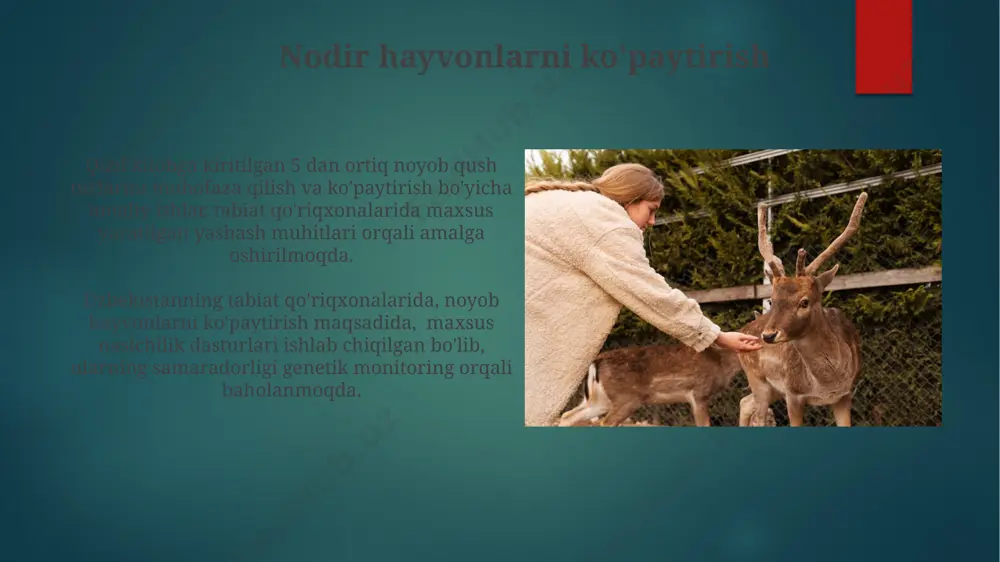 a amfibiyalar) vakillarining 30% dan ortig'i, ularning populyatsiyasini tiklash dasturlarining samaradorligi tufayli, qisman o'z sonini ko'paytirgan. qizil kitobga kiritilgan 25 ga yaqin sutemizuvchi turlarining 10 dan ortig'i, asosan, tog'li hududlarda, tabiat qo'riqxonalarining himoyasida yashaydi. zahiralarning biologik xilma-xilligi biologik xilma-xillikni saqlash maqsadida, zahiralarda 30 ga yaqin endemik o'simlik turlari muhofaza qilinmoqda, bu o'simliklar faqat shu hududda uchraydi. zahiralarda 100 dan ortiq qushlar turi, shu jumladan, qizil kitobga kiritilgan 20 ga yaqin noyob turlar yashaydi, bu ularning biologik xilma-xilligini aks ettiradi. tabiatni muhofaza qilishning ahamiyati tabiatni muhofaza qilish, 100 dan ortiq noyob hayvon va oʻsimlik turlarining genofondini saqlashga, shu jumladan, qizil kitobga kiritilgan 20 ga yaqin turga yordam beradi. tabiiy muhitning ifloslanishini kamaytirish orqali, inson salomatligini yaxshilash va yiliga oʻrtacha 10000 dan ortiq kasallik holatlarini oldini olish mumkin. qo'riqxonalarning ahamiyati qo'riqxonalardagi monitoring va ilmiy tadqiqotlar, hayvonlarning ko'payishini kuzatish va ularning muhofazasini yaxshilashga qaratilgan boshqaruv choralari samaradorligini baholashga imkon beradi. ular biologik xilma-xillikni …