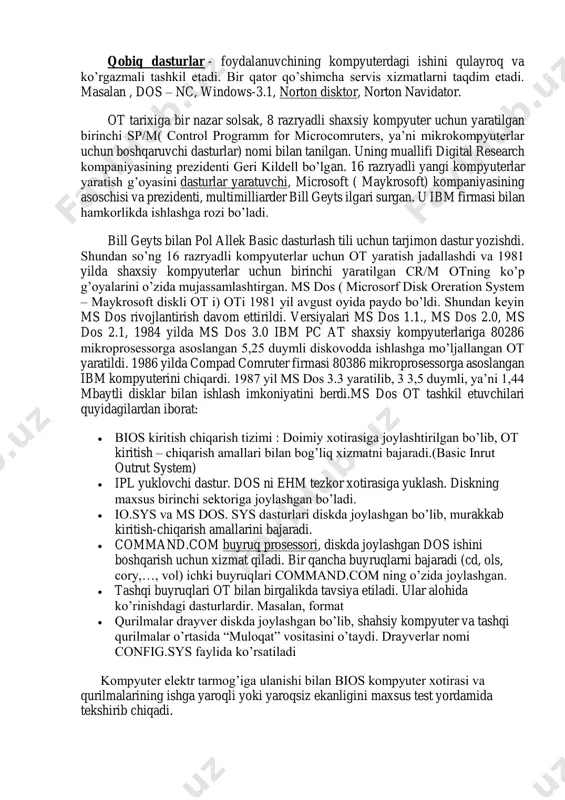 shini qulaylovchi dasturlardir. (antivirus dasturlari, arxiv dasturlar, kompyuterni diagnostika qiluvchi dasturlar va h.k.) drayverlar - tizim dasturlarda muhim o’rin egallovchi dasturlardan biridir. drayverlar tashqi qurilma bilan ishlash imkoniyatini yaratadi, ya’ni yangi ma’lumot almashish protokoli ni o’rgatadi, ot ning imkoniyatlarini kengaytirib beradi. masalan, ot da rus alfaviti bilan ishlay olamiz . https://fayllar.org/dislaliya-sabablari-va-shakllari-dislaliya-turlari-va-uning-na.html https://fayllar.org/spyder-ide-bilan-tanishamiz.html https://fayllar.org/neft-maxsulotlari-krekingi-v2.html qobiq dasturlar - foydalanuvchining kompyuterdagi ishini qulayroq va ko’rgazmali tashkil etadi. bir qator qo’shimcha servis xizmatlarni taqdim etadi. masalan , dos – nc, windows-3.1, norton disktor, norton navidator. ot tarixiga bir nazar solsak, 8 razryadli shaxsiy kompyuter uchun yaratilgan birinchi sp/m( control programm for microcomruters, ya’ni mikrokompyuterlar uchun boshqaruvchi dasturlar) nomi bilan tanilgan. uning muallifi digital research kompaniyasining prezidenti geri kildell bo’lgan. 16 razryadli yangi kompyuterlar yaratish g’oyasini dasturlar yaratuvchi, microsoft ( maykrosoft) kompaniyasining asoschisi va prezidenti, multimilliarder bill geyts ilgari surgan. u ibm firmasi bilan hamkorlikda ishlashga rozi bo’ladi. bill geyts bilan pol allek basic dasturlash …
