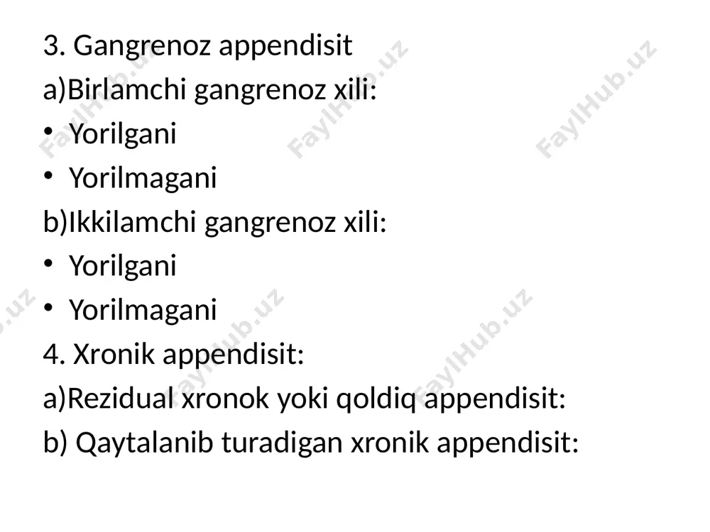 arkoz. operasiya texnikasi: kesma d`yakon-volkovich bo`yicha, mak-burney nuqtasi orqali 8-10sm uzunlikda , o`ng yonbosh suyagi oldingi yuqori chiqib turgan joyidan kindikka tortilgan chiziqning o`rta va tashqi uchdan bir qismlari oralig`udagi chegaradan o`tkaziladi teri, teri osti klechatkasi va qorin tashqi qiyshiq muskulining apanevrozi kesiladi, keyin qon tomirlarga ligatura qo`yiladi yoki ularni kaogulyasiya qilinadi va jaroxat kengaytiriladi. qorinning ichki qiyshiq va ko`ndalang muskullari tolalarining yo`nalishi bo`ylab to`mtoq yo`l bilan ajratiladi va ular farabef ilmoqchalari bilan kengaytiriladi. ko`ndalang fasiya kesiladi va ikkita pinset oralig`ida qorin parda sochiqlar bilan o`raladi. qorin bo`shlig`i ochilgandan so`ng jaroxat ilmoqchalar bilan kengaytiriladi. uzun anatomik pinset bilanjaroxatga yonbosh ichakning terminal bo`limi bilan birga ko`richak chiqariladi va chuvakchangsimon o`simta topiladi. chuvalchangsimon o`simtaning uchida, ichak tutquchining erkin qirg`ig`iga qonni top`xtatadigan qisqich qo`yiladi, uning yordamida o`simta tutib turiladi. o`simtaning tutqichiga 0,25%-li novokain eritmasida 1-2 ml infiltrasiya qilinadi va ketma-ket qo`yilgan ikkita koxer qisqichlari orasidan bu tutqich uning asosigacha kesiladi. ichak tutqichi tikiladi …
