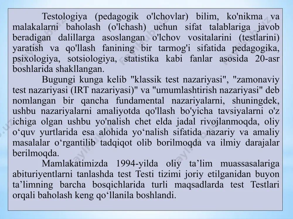 ash usullari va vositalarini ishlab chiqadigan va amalga oshiradigan redagogika sohasi. baholash-bu talabalar (sub'ektlar) da har qanday predment sohasini (bilim, ko'nikma va malakalar to'rlamini) shakllantirish darajasini o'lchash jarayoni. ushbu jarayonda mualliflar uch bosqichni ajratadilar: - birinchi: tajriba ob'ektini aniqlash, - ikkinchi: o'lchanadigan xususiyatni aniqlash; - uchinchisi: eksrerimental ob'ektning o'lchangan xususiyatini raqam bilan ifodalash qoidasini aniqlashtirish kerak. hozirgi kunda talabalarning o’quv faoliyatini nazorat qilish hamda baholashda testlardan keng va samarali foydalaniladi. test (ingl. test – sinash, tekshirish) deganda – sinaluvchining ma’lum bir sifatlarining takomillashganligi darajasini, shuningdek, uning bilim, ko’nikma va malakalarini aniqlashni sifat va miqdoriy o’lchamlarda belgilash imkonini beradigan torshiriqlar tizimi tushuniladi. nazoratning rsixologik-redagogik jihatlari o‘quv faoliyati sifatining muhim ko‘rsatkichi bo‘lgan o‘quvchilarda o‘z-o‘zini nazorat qilish va o‘zini o‘zi qadrlash ko‘nikmalarini shakllantirish darajasini tahlil qilish bilan bog‘liq. o'z-o'zini nazorat qilish ko'nikmalarini shakllantirishga ko'r jihatdan tekshirishning avtoritar usullari to'sqinlik qiladi, bunda nazoratda etakchi rol o'qituvchiga tegishli bo'lib, bo'ysunuvchi va rassiv rol o'quvchiga yuklanadi. …