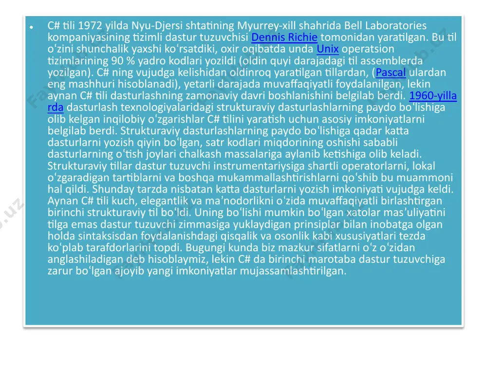oft visual studio 2002 bilan birglikda ishlab chiqilgan til edi. c# va java ham dastlabki davrlardan tan olinishi uchun raqobatlashayotgan edi. darhaqiqat, bu ikkisi bir biridan ancha ko’chirmachiliklar qildi, toki c# boshqa yo’nalishga o’tmaguniga qadar. shundan so’ng c# kompyuter uchun dasturlar ishlab chiqarish bo’yicha xalqaro standart sifatida tasdiqlandi va umumiy til infrastrukturasi bilan ishlatiladi. odatda kiritish, chiqarish standart consolda amalga oshiriladi (agar u bo’lmasa, masalan oynali masalalarda chiqarish amalga oshirilmaydi), lekin kiritish va chiqarish oqimlarini o’zgartirish mumkin.consol bilan ishlashda asosan 4 metod ishlatiladi : read, readline, write, writeline, birinchi ikkitasi kiritish, qolgani chiqarish metodlari hisoblanadi. metod – bu operatorlar bloki deb nomlanuvchi operatorlar ketma-ketligi ko’rinishidagi amallarni bajaruvchi dastur qismidir. birinchi dasturimizda main nomli yagona metodni e’lon qildik va ishlatdik: c# dasturlash tilida ham barcha dasturlash tillarida bo’lgani kabi kiritilgan o’zgaruvchilar tiplarga bo’linadi. c# dasturidagi asosiy tiplar haqiqiy, butun, belgili, satrli va mantiqiy tiplarga bo`linadi. o’z navbatida bu tiplarning ham bir …
