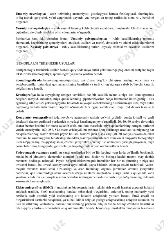 alohida-alohida bayon qilib bergan. ibn sino asab va ruhiy kasalliklarga tasnif bergan. hozirgi zamon asab tizimi tasnifi ibn sino yaratgan tasnifdan uncha farq qilmaydi. ibn sino kasalliklarni o‘tkir va surunkali, yengil yoki og‘ir, davolanadigan va davolanmaydiganlarga bo‘ladi. kasallikni 4 ta: boshlang‘ich, zo‘ ra yish, o‘ta zo‘rayish va susayish davrlariga ajratadi. ichki a’zolar ka salliklari tufayli asab tizimining buzilishini bayon qilgan. ibn sino bemorlarni davolashda psixoterapiyaga katta e’tibor bergan. uning fikricha, yaxshi so‘z, mehribon do‘st va sevimli odamlarning yaqinligi, sayr-u sayohatlar, ov qilish, musiqa tinglash kabi kay f iyat ni yaxshilovchi omillar inson ruhini ko‘tarib salomatligini mustahkamlaydi. bundan tashqari, kasallik turlarini o‘rganishda alxorazmiy, alforobiy, abu bakr arroziy va boshqa olimlar olib borgan ishlar ham maqtovga sazovordir. insonning asabi nozik, lekin qudrati zo‘r. kishi asabi qancha zo‘riqsa, kasallikka shuncha tez chalinadi va dard ancha og‘ir o‘tadi. o‘rta osiyo davlat dorilfununining ochilishi o‘zbekistonda nevrologiya fanining rivojlanishiga sabab bo‘ldi. 1920-yil yanvar oyida dorilfununning tabobat …