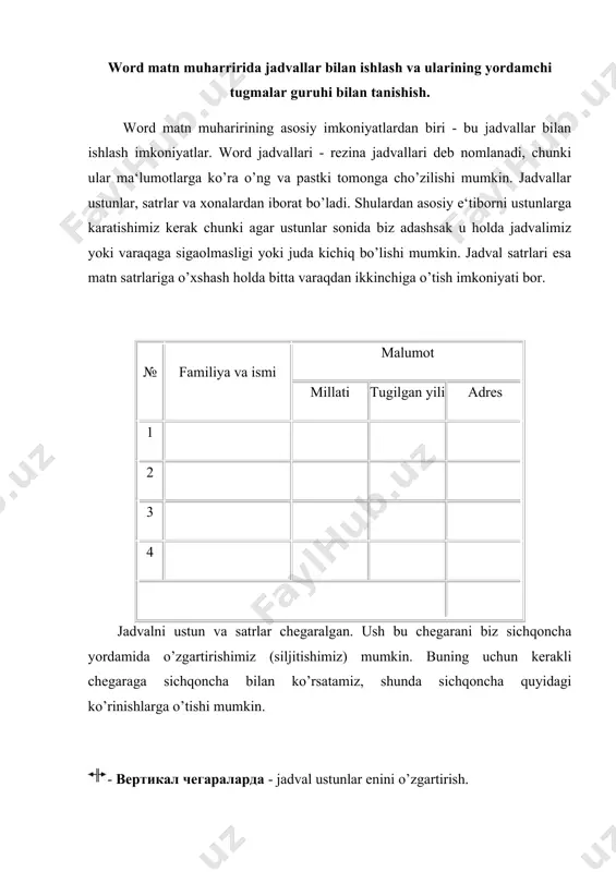 ней грани - jadval xonasida matnni yuqori qism bo’yicha rostlash 11.- центрировать по центру - jadval xonasida matnni o’rta bo’yicha rostlash 12.- центрировать по нижней грани - jadval xonasida matnni pastki qism bo’yicha rostlash 13.- выровнить высоту строк - tanlangan satrlarni buyini rostlash (bir xil qilish) 14.- выровнить ширину столбцов - tanlangan ustunlar enini rostlash (bir xil qilish) 15.- сортировка - alfavit bo’yicha ma‘lumotlarni saralash 16.- сортировка - alfavitga karshi holatda ma‘lumotlarni saralash word matn muharriri tezkor tugmalari bilan tanishish. kompyuterda ishlash vaqtimizda har xil vaziyatlar bo’lishi mumkin. shulardan eng ko’p uchraydigan bu sichqonchaning nosozligi. foydalanuvchilarning kata qismi esa ush bu qurilma orqali asosiy amallarni bajarishadi, vash u sabali shunaka vaziyatlarda ish tuxtab yoki sekinlab qoladi. shunaka vaziyatni yechish uchun bizga tezkor tugmalar yordam berishadi. tezkor tugmalar yordamida biz biror bir amallarni klaviatura yordamida tezkor bajara olamiz. shuning uchun ush bu tugmalarni bilish foydalanuvchilarga talab deb quyiladi. quyidagi ro’yxatda asosiy …