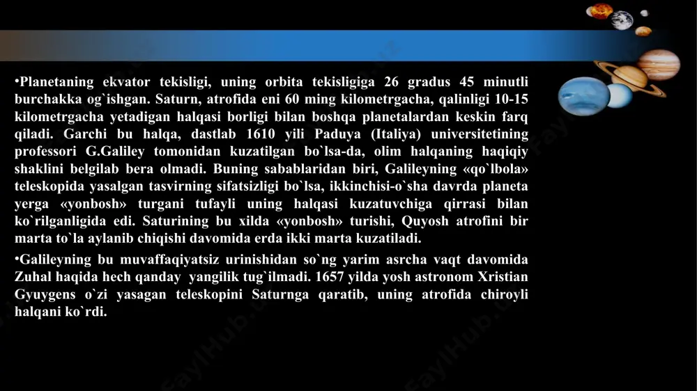 kassinining izlanishlari sermahsul bo`ladi. gyuygensdan so`ng ko`p o`tmay u, orqama-orqa saturnning to`rtta yo`ldoshini topdi. halqali gigant» atrofida topilgan ja`mi yo`ldoshlarining soni o`n sakkiztaga etdi. uning o`ninchi yo`ldoshini parij astronomik observaterining xodimi oduen dolfus 1966 yili topdi. sayyoraning o`ninchi yuldoshiga qadimgi rim afsonalarining ikki yuzlama xudosi yanus nomi berildi. saturn yo`ldoshlaridan eng yirigi - titan bo`lib, quyosh sistemasidagi planetalarning «oy»laridan kattaligi jihatidan ikkinchi o`rinda, ya`ni ganimeddan (yupiterning yo`ldoshi) keyin turadi. diametri 4850 kilometr. 1949 yildayoq j.koyper titanning spektrida metanning «iz»larini ko`rib, planetaning bu yo`ldoshi qalin atmosferaga ega ekanligini birinchi bo`lib aniqladi. keyinchalik titan atmosferasida etarlicha ko`p miqdorda vodorod kuzatildi. zuhalning bu yirik yo`ldoshi haqida olingan ma`lumotlar. 1979 yil 9 sentyabrda titandan 356 ming kilometrgina naridan o`tgan «pioner xi» avtomatik stantsiyasining tadqiqotlari bilan to`la tasdiqlandi. shuningdek bu kosmik apparat yordamida saturining yana bir yo`ldoshi topildi va kosmik stantsiya sharafiga «pioner qoyasi» degan nom oldi. saturn yo`ldoshlaridan yana biri-yapet (diametri 425 kilometr) sirt …