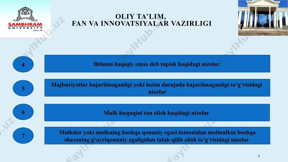 amlik muhokamasi taraflari kelishuv bitimi tuzsa va u hakamlik sudining hal qiluv qarori bilan tasdiqlansa; - hakamlik muhokamasining taraflari mediativ kelishuv tuzgan boʻlsa; - hakamlik muhokamasi tarafi boʻlgan yuridik shaxs qonun hujjatlarida belgilangan tartibda tugatilgan boʻlsa; 18 oliy ta’lim, fan va innovatsiyalar vazirligi - hakamlik muhokamasi tarafi boʻlgan jismoniy shaxs vafot etgan boʻlsa yoki vafot etgan deb eʼlon qilingan boʻlsa yoxud bedarak yoʻqolgan deb topilgan boʻlsa va huquqiy vorisdan hakamlik muhokamasini davom ettirish toʻgʻrisida ariza tushmasa; - ayni bir hakamlik muhokamasi taraflari oʻrtasidagi, ayni bir predmet toʻgʻrisidagi va ayni bir asoslar boʻyicha kelib chiqqan nizo yuzasidan vakolatli sudning yoki hakamlik sudining qonuniy kuchga kirgan hal qiluv qarori mavjud boʻlsa. doimiy faoliyat koʻrsatuvchi hakamlik sudida koʻrilgan ishlar, agar doimiy faoliyat koʻrsatuvchi hakamlik sudining qoidalarida uzoqroq muddat belgilanmagan boʻlsa, mazkur hakamlik sudida uch yil mobaynida saqlanadi. muvaqqat hakamlik sudi tomonidan koʻrilgan ish hal qiluv qarori qabul qilinganidan keyin bir oy muddat ichida …
