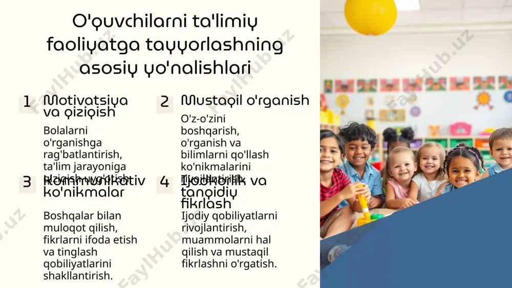antirish tilni o'rganish, so'z boyligini kengaytirish, to'g'ri nutq va yozuv ko'nikmalarini shakllantirish. matematika va mantiq raqamlarni o'rganish, hisoblash, geometrik shakllarni tanib olish, mantiqiy fikrlashni rivojlantirish. tabiatshunoslik atrof-muhitni o'rganish, hayvonlar va o'simliklar haqida ma'lumot olish, tabiatni muhofaza qilish qoidalarini o'rganish. ijtimoiy fanlar jamiyat haqida asosiy bilimlarni olish, tarix, madaniyat va ijtimoiy hayotni tushunish. san'at va musiqa chizish, rasmlarni chizish, musiqa tinglash, qo'shiq aytish, ijodiy qobiliyatlarni rivojlantirish. boshlang'ich sinf o'quvchilarining bilim, ko'nikma va malakalarini shakllantirish 5 boshlang'ich sinf o'quvchilarining ijodiy qobiliyatlarini rivojlantirish tasavvur va xayolot bolalarda xayolotni rivojlantirish, yangi g'oyalarni yaratish, tasavvur qilishga o'rgatish. ijodkorlik va mustaqillik o'z g'oyalarini ifoda etish, o'ziga xoslikni namoyon etish, mustaqil fikrlashni rag'batlantirish. san'at va musiqa chizish, rasmlarni chizish, musiqa tinglash, qo'shiq aytish, teatrlashtirilgan o'yinlar orqali ijodiy qobiliyatlarni rivojlantirish. o'yin va amaliy mashg'ulotlar o'yinlar orqali ijodiy fikrlashni, muammolarni hal qilishni o'rgatish, qo'l mehnati bilan shug'ullanish. 6 boshlang'ich sinf o'quvchilarining kommunikativ kompetentsiyalarini rivojlantirish muloqot ko'nikmalari boshqalar bilan gaplashish, …