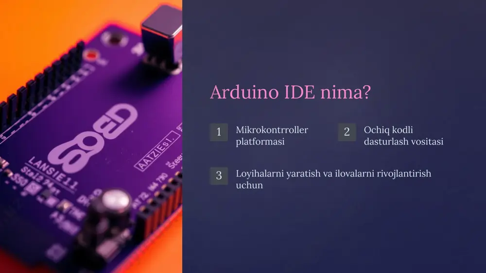 eyarli hamma buyruqlarni bajaradi. arduino ide dasturi orqali ledlarmi qamaqa yonib-o`chishi qancha vaqt yonishiyu qancha vaqt o `chishini tajribada ko`rib o`tdik. 24 foydalanilgan adabiyotlar 1) „arduino - faq“. www.arduino.cc. 2006-yil 10-aprelda asl nusxadan arxivlangan. qaraldi: 2020-yil 26-aprel. 2) steve bush. „updated: arduino announces fpga board, atmega4809 in uno wi-fi mk2, cloud-based ide and iot hardware“ (en). electronics weekly (2018-yil 18-may). 2019-yil 27-iyulda asl nusxadan arxivlangan. qaraldi: 2020-yil 26-aprel. 3) jack j purdum. beginning c for arduino: learn c programming for the arduino, 2015. . 4) jorge r castro. building a home security system with arduino: design, build, and maintain a home security system with arduino uno, 2015. . 5) massimo banzi, michael shiloh. getting started with arduino, 2014. . 6) „sketch build process - arduino cli“. arduino.github.io. 2021-yil 6-mayda asl nusxadan arxivlangan. qaraldi: 2020-yil 26-aprel. image2.png image3.png image4.png image5.png image6.png image7.png image8.png image9.png image10.png image11.png image12.png image13.png image14.png image15.png image16.png …