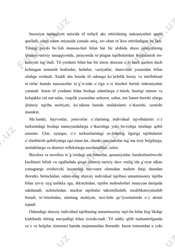 `z aksini topadi. odamdagi shaxsiy individual tajribaning umuminsoniy tajri-ba bilan bog`likdigi kishilarda tilning mavjudligi bilan izoxda-nadi. til oddiy qilib tushuntirilganda so`z va belgilar sistemasi hamda majmuasidan iboratdir. inson tomonidan u yoki bu faoliyat-ning bajarilishi belgilar, alomatlar xususiyatlari bilan bog`liq bo`lib, uning mahsuldorligi, muvaffaqiyati til tarkiblarining ahamiyatiga bevosita aloqadordir. masalan, haydovchi uchun ko`cha qoida-lari, matematik uchun formulalar, operator uchun signallar (semiotika — zeta yunoncha «belgi») belgilar, simvollar, alomatlar vazi-fasini bajarib, faoliyat uchun regulyator sifatida xizmat qiladi. shuning uchun belgilar va ularning ahamiyati insonning yuksak psixik funksiyalari (ya`ni idrok, xotira, tafakkur, xayol)ning vo-sitasidir. odatda, belgilar turli-tuman bo`lishidan qat`i nazar, ularning eng muhimi — bu so`zdir. har bir so`z ma`lumot, xabar, axborot vazifasini bajaradi va muayyan mazmunni o`zida aks ettiradi (masa-lan: mashg`ulot, daftar, yomg`ir va boshqalar). tilning asosiy funksiyalari quyidagilardan iborat: a) til yashashning vositasi, ijtimoiy tajribani avloddan avlodga uzatish, berish va o`zlashtirish quroli tarzida vujudga keladi (avlodlar ota-onalar, o`qituvchilar va murabbiylar); b) …