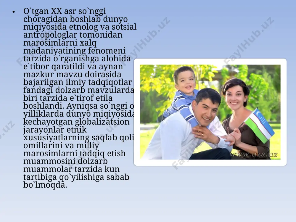 lgani kabi singari muqadas ziyoratgohlar va qadamjolarga nazr-niyoz qilinishi natijasida tug’ilgan chaqoloqlarga ham maxsus ism qo`ylgan bo`lib, ularga qo`yilgan ism bolani kelgusidagi hayotida turli balo-qazolardan himoya qilar ekan. bunday tarzda tug’ilgan chaqoloqlarga ko`pincha hazratqul, pirimqul, xo`jamberdi, to`ra qul, pirniyoz, ishonberdi, xo`jamberdi kabi ismlar qo`yilgan. yuqorida ko`rib o`tilganidek, o`zbek tilidagi ismlarning aksariyatida dunyoga kelgan go`dakni turli ins-jinslardan himoya qilish g’oyasi, niyati mujassamlashgan. bu odat yovuz ruhlarni adashtirish maqsadiga qaratilgan, bolani yashirish yoki yovuz ruhlarni aldash afsungarligi bilan bog’liq. xalq tassavvurida chaqaloq bilan uning onasini ins-jinslar ta`siridan eson-omon saqlash ularning chilla davri tartib qoidalariga qanchalik rioya qilishlariga bog’liq bo`lgan. chilla inson hayotidagi xatarli, eng og’ir va eng mas`ulyatli davrni anglatuvchi so`z hisoblanadi. odatda farzand tug’ilganda va kelin-kuyov turmushining nikohdan, marhumning vafotidan keyingi 40-kunlik davriga nisbatan chilla atamasi qo`llaniladi va bu davrda ma`lum tartib-qoidalar, magik rasm-rusumlar, cheklashlar va tabularga amal qilinadi. umuman chilla davri va u bilan bog’liq rasm-rusumlar va urf-odatlar ham ba`zi …