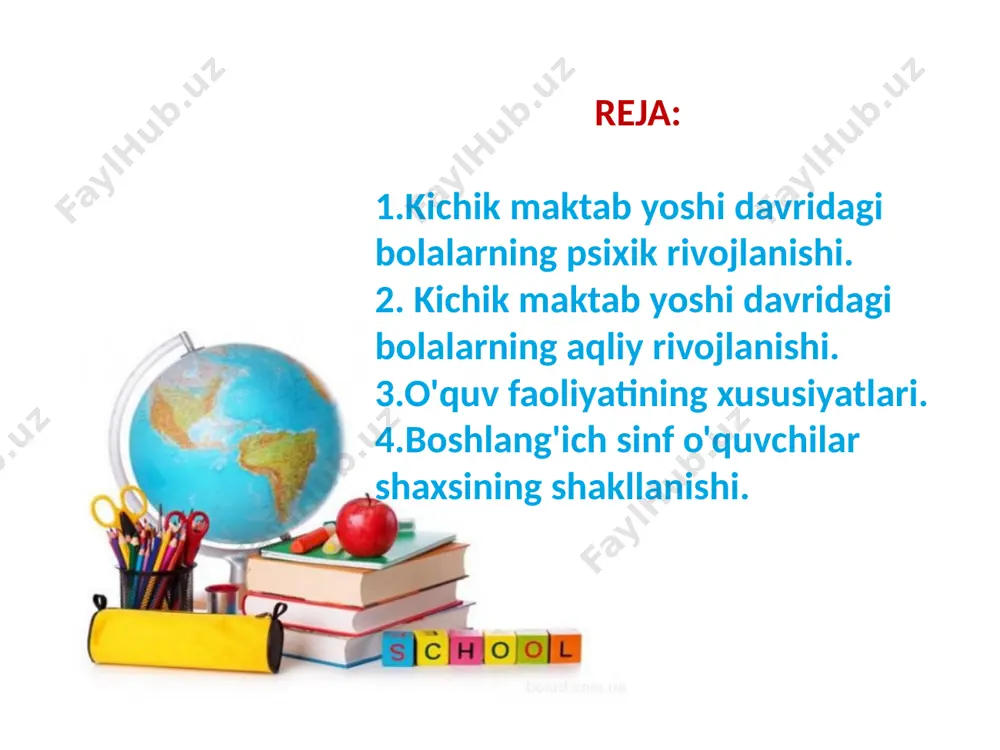 la - o’quv faoliyatida o'qituvchi rahbarligida inson ongining turli asosiy shakllarining mazmunini egallaydi va insoniy an’analar asosida harakat qilishni o'rganadi. o’quv faoliyatida bola o’z irodasini o’quv maqsadlariga erishish uchun mashq qildiradi. . maktabga kelish arafasida bolaning so’z boyligi o’z fikrini bayon eta oladigan darajada ortadi. agar bu yoshdagi normal rivojlanayotgan bola o’z nutqida 500-600 so’zni ishlatsa, olti yoshli bola 3000-7000 so’zni ishlatadi. boshlang’ich sinf yoshidagi bolalar nutqi asosan ot, fe’l, sifat, son va bog’lovchilardan iborat bo’ladi. bu yoshdagi bolalar o’z nutqlarida qaysi so’zlarni ishlatgani afzalu, qaysilarini ishlatish mumkin emasligini farqlay oladilar. 6-7 yoshli bola o’z jumlalarini murakkab grammatik tizimda tuza oladi. bola butun bolalik davrida nutqni jadal ravishda egallab borib, nutqni o’zlashtirishi ma’lum bir faoliyatga aylana boradi. 7-9 yoshli bolalarning o’ziga xos yana bir xususiyati bola nutqida o’z fikrini bayon etibgina qolmay, balki o'z suhbatdoshining diqqatini o’ziga jalb qilish uchun ham gapiradilar. tafakkurning rivojlanishini kichik maktab yoshidagi bola psixikasining sog’lomligida, …