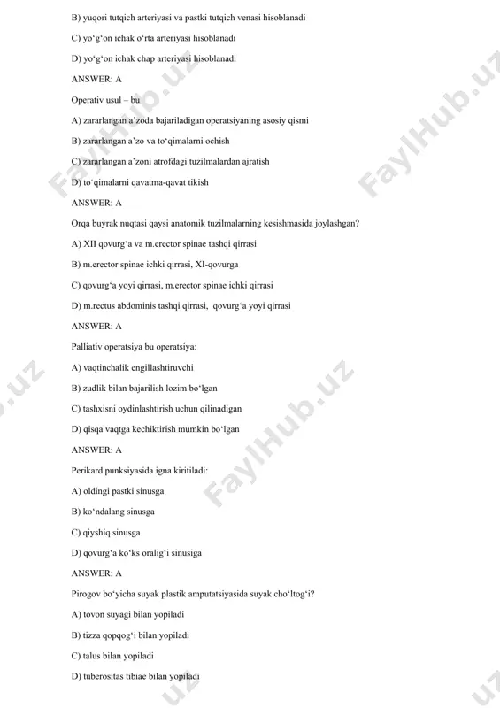 ftish qilish maqsadida maxsus paypaslash usulini kim taqdim etgan? a) gubarev b) koxer c) bilrot d) lamber answer: a qorin pardaga o‘ralishiga nisbatan prostata bezi- a) qorin parda bilan qoplanmaydi b) qorin parda bilan bir tomondan qoplanadi c) qorin parda bilan ikki tomondan qoplanadi d) qorin parda bilan uch tomondan qoplanadi answer: a qorin poyasida o‘tkir qon aylanishi buzilishi xavfi nimadan iborat? a) qorin bo‘shlig‘i yuqori qavati a’zolari nekrozi bilan b) o‘tkir buyrak etishmovchiligi bilan c) o‘tkir ichak etishmovchiligi bilan d) kichik tos a’zolari o‘tkir ishemiyasi bilan answer: a rozer-nelaton chizig‘i yordamida? a) son suyagi bo‘yinchasi sinishi aniqlanadi b) son suyagining o‘rta uchdan bir qismidagi sinishi aniqlanadi c) tizza bo‘g‘imidagi chiqish aniqlanadi d) son suyagining pastki uchdan bir qismidagi sinish aniqlanadi answer: a sanchuvchi ninalar ishlatiladi: a) parenximatoz a’zolarga b) aponevrozlarga c) tog‘ayga d) suyaklarga answer: a sintopiya bu muayyan a’zoning: a) tevarakdagi a’zo va to‘qimalarga nisbatan o‘rni b) teri …