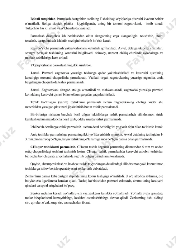 nday mashinalarning korpusi pistolet shaklida bo‘ladi. i-90 rusumli parmalash mashinasi boshqalardan ko‘ra ko‘proq, ishlatiladi. mashinaning elektryuritgichi universal kollektorli konstruksiyaga ega bo‘lib, u o‘zgaruvchan va o‘zgarmas tokda ishlaydi. kuchlanish chastotasi 220v. o‘rta tipdagi mashinalar bilan15 mm.gacha bo‘lgan teshiklarni parmalash mumkin. og‘ir tipdagi mashinalar odatda, ikkita dasta va ko‘krak tirgagiga ega bo‘lib, ularni gorizontal va vertikal holatda ishlatiladi. bunday mashinalar bilan 0-20-80 mm.li teshiklar parmalanadi. parmalash jarayonida aniqlikni ta’minlash maqsadida ishlov beriladigan detalni parmalash dastgohining stoliga mahkam qilib o‘rnatiladi. buning uchun turli moslamalardan foydalaniladi. ular ichida eng ko‘p tarqalgani boltli tutqich, mashina tiskalari (vintli, ekssentrikli, pnevmatik), prizma, tirgak, burchaklik, konduktor va boshqalardir. mahkamlash uchun tutqichlar to‘rt xil - barmoqsimon, vilkasimon, taxtali va egilgan shaklda bo‘lishi mumkin. katta bo‘lmagan detalni taxtaga ishonchli qilib mahkamlashda bir tutqich kifoya, yirik detallar uchun esa ikki va undan ortiq tutqich kerak bo‘ladi. mahkamlash boltlari. barcha turdagi parmalash dastgohlarining stollari shakldagi o‘yiqlarga ega. ulardan stol va zagotovkani bolt …