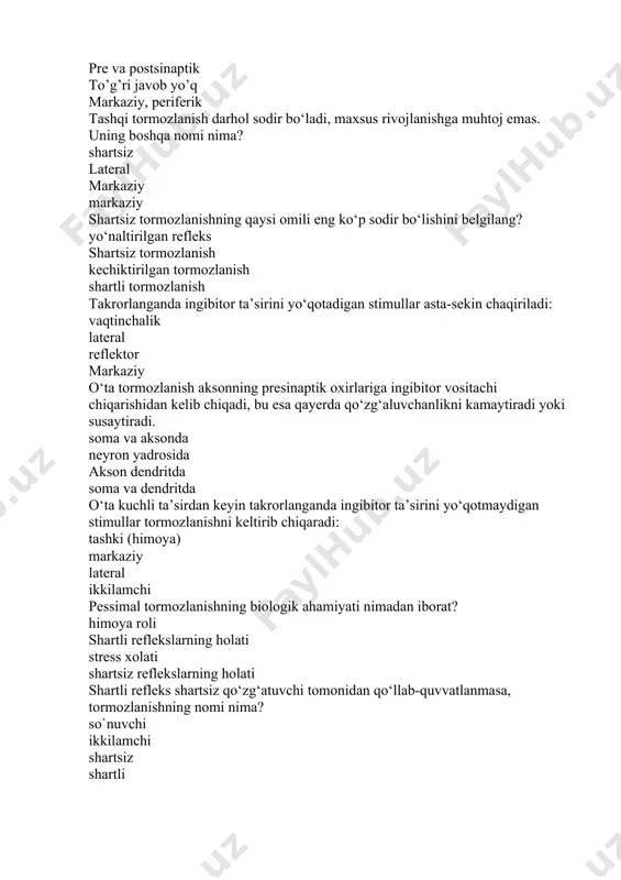r ta’sirini yo‘qotadigan stimullar asta-sekin chaqiriladi: vaqtinchalik lateral reflektor markaziy o‘ta tormozlanish aksonning presinaptik oxirlariga ingibitor vositachi chiqarishidan kelib chiqadi, bu esa qayerda qo‘zg‘aluvchanlikni kamaytiradi yoki susaytiradi. soma va aksonda neyron yadrosida akson dendritda soma va dendritda o‘ta kuchli ta’sirdan keyin takrorlanganda ingibitor ta’sirini yo‘qotmaydigan stimullar tormozlanishni keltirib chiqaradi: tashki (himoya) markaziy lateral ikkilamchi pessimal tormozlanishning biologik ahamiyati nimadan iborat? himoya roli shartli reflekslarning holati stress xolati shartsiz reflekslarning holati shartli refleks shartsiz qo‘zg‘atuvchi tomonidan qo‘llab-quvvatlanmasa, tormozlanishning nomi nima? so`nuvchi ikkilamchi shartsiz shartli ikki shartli stimuldan biri sistematik ravishda shartsiz stimul bilan mustahkamlanganda va ikkinchisining harakati mustahkamlanmaganda tormozlanishning nomi nima? differensial shartsiz echiktirilgan shartli shartli tormozlanish-differensial tormozlanishning turi. uning roli qanday?: o‘ziga xos tashqi sharoitga moslashtirish shartli refleksni hosil qilish xotira mashqlari himoya refleksini yuzaga chiqarish ma’lumki, kutish qobiliyati bosh miya po‘stlog‘idagi tormozlanish tufayli yuzaga chiqadi . tormozlanishning qaysi turi? kechiktirilgan ikkilamchi shartli so`nuvchi shartli refleks ishlab chiqarishning hujayra mexanizmining …