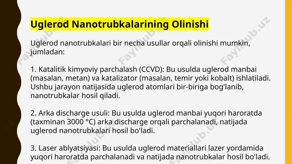 atdan barqaror va ko‘plab agressiv muhitlarga chidamli. ular suvda yoki ko‘plab organik va noorganik erituvchilarda erimaydi. reaktivlik: nanotrubkalar o‘zining tashqi yuzasida turli kimyoviy guruhlarni bog‘lash imkoniyatiga ega. bu xususiyat ularni turli kimyoviy reaktsiyalarni o‘tkazuvchi material sifatida ishlatishga imkon beradi. uglerod nanotrubkalari va ularning potentsiali uglerod nanotrubkalari hali ham ko‘plab ilmiy tadqiqotlar va texnologiyalarni rivojlantirishda qatnashmoqda. ular bo‘yicha ko‘plab yangi imkoniyatlar va tadqiqotlar mavjud, chunki nanotrubkalar yangi elektron qurilmalar, energiya manbalari, va hatto tibbiyot sohasida ham inqilobiy yangiliklar olib kelishi mumkin. neft va gaz sanoati: nanotrubkalar yangi turi – uglerod nanotuberlar, neft va gazdan chiqadigan zararli gazlarni kamaytirish, chiqindilarni tozalash va samarali filtratsiya tizimlarini yaratish uchun ishlatilishi mumkin. katalizatorlar: uglerod nanotrubkalari katalitik reaktsiyalarni tezlashtirishda ham ishlatilishi mumkin, ayniqsa kimyoviy sanoatda. xulosa uglerod nanotrubkalari o‘zining fizikaviy, kimyoviy, va elektr xossalari tufayli juda ko‘p sohalarda foydalanish imkoniyatiga ega. ularning yuqori mexanik mustahkamligi, termal o‘tkazuvchanligi, va yuqori elektr o‘tkazuvchanligi ushbu materiallarni nanotexnologiya, elektronika, energetika, …